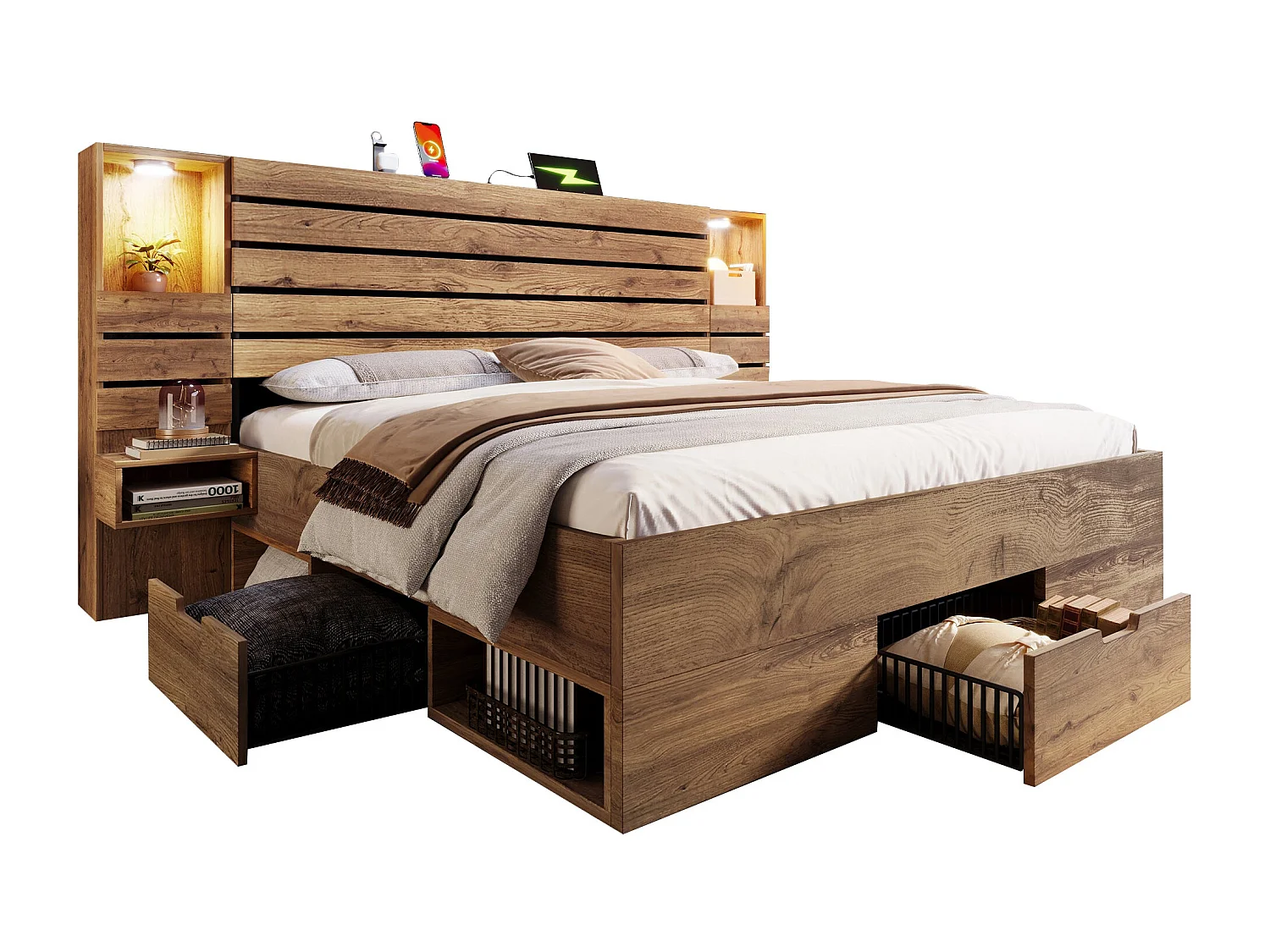 Lit double 180x200 cm bois chêne, LED, USB-C, niche lumineuse, tables de chevet, tiroirs (sans matelas)