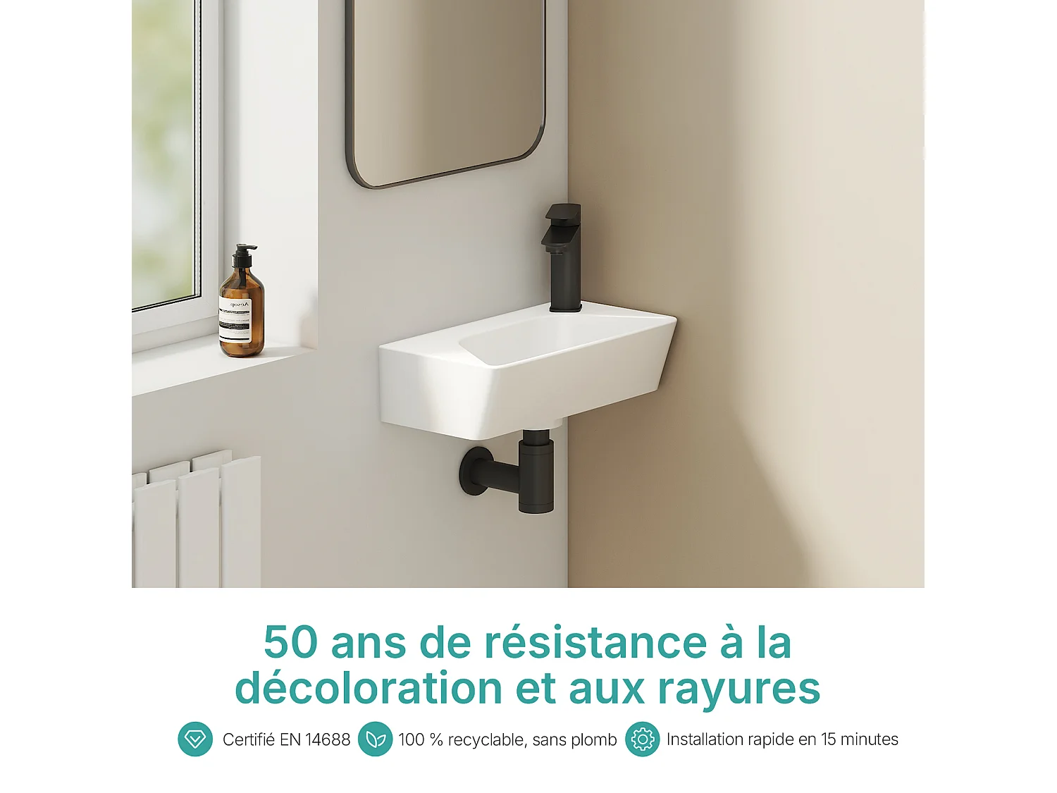 EMKE Keramische Wandwastafel 40x22,5x13cm, Glanzend Wit, Vierkante Wandwastafel met Kraangat