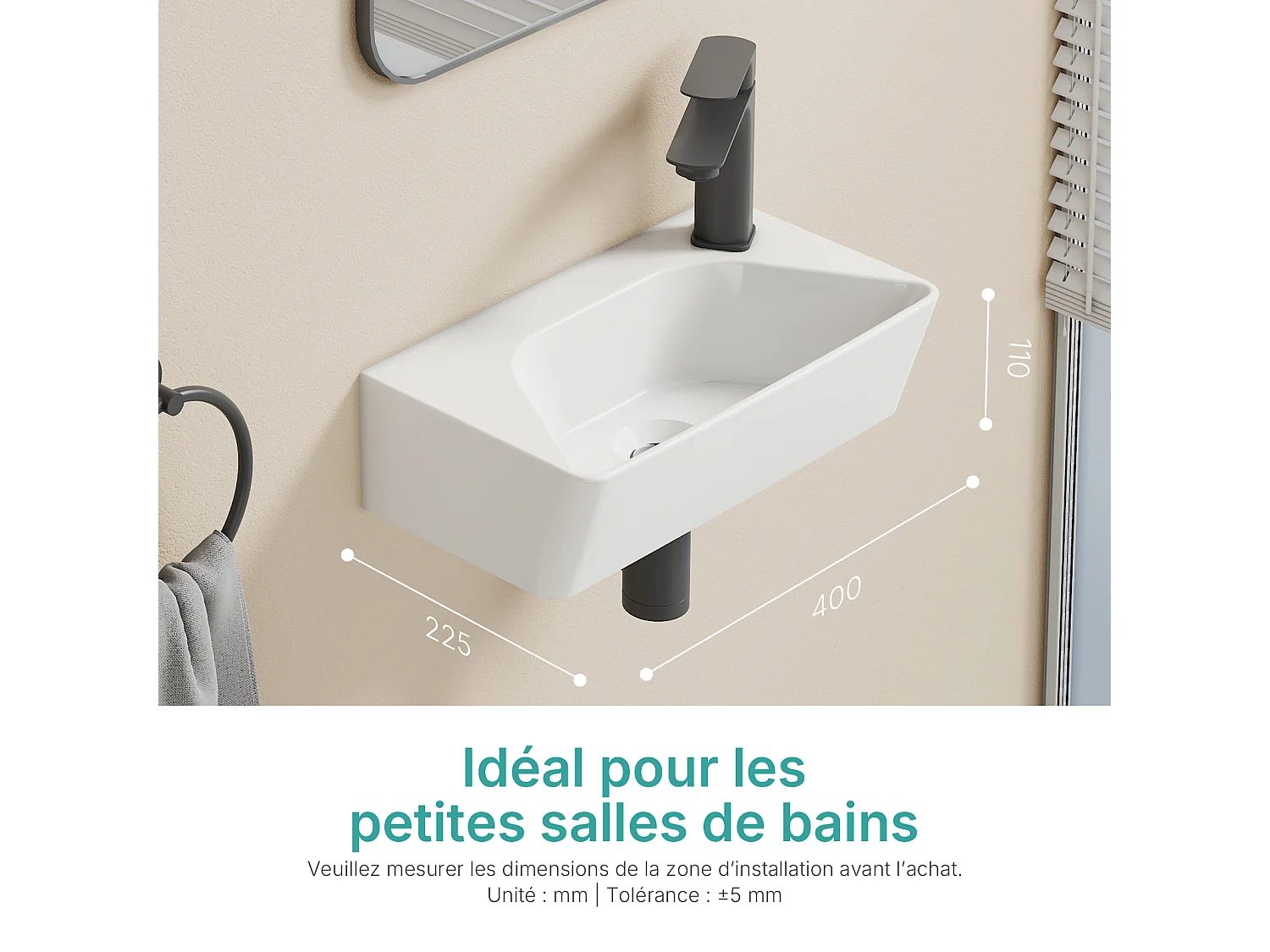 EMKE Keramische Wandwastafel 40x22,5x13cm, Glanzend Wit, Vierkante Wandwastafel met Kraangat