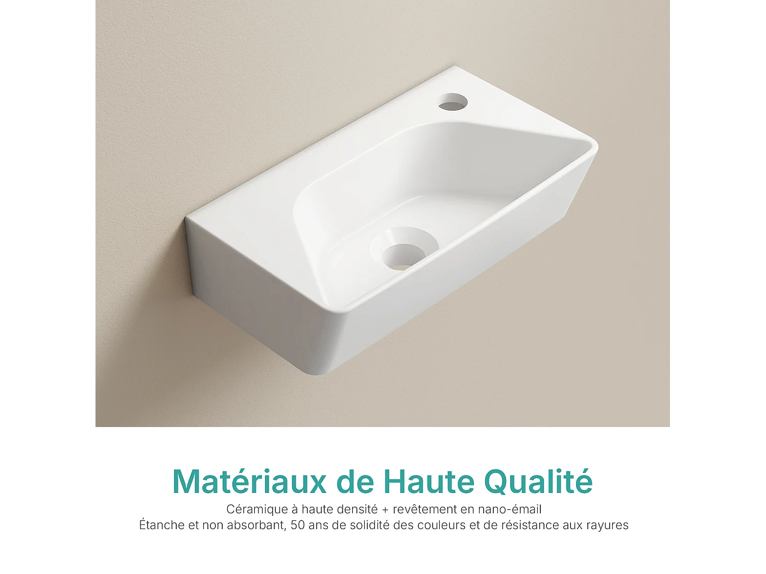 EMKE Keramische Wandwastafel 40x22,5x13cm, Glanzend Wit, Vierkante Wandwastafel met Kraangat