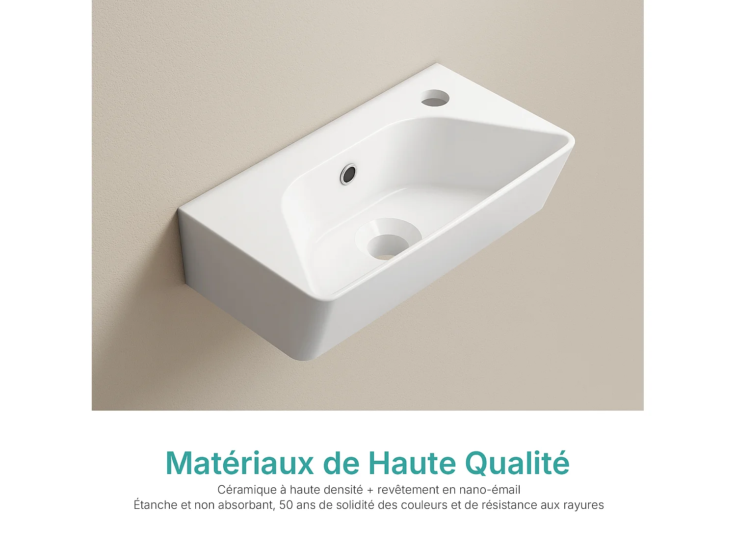 EMKE Lavabo Mural en Céramique 40x22.5x13cm, Blanc Brillant, Vasque Murale Carrée avec Trou pour Robinet
