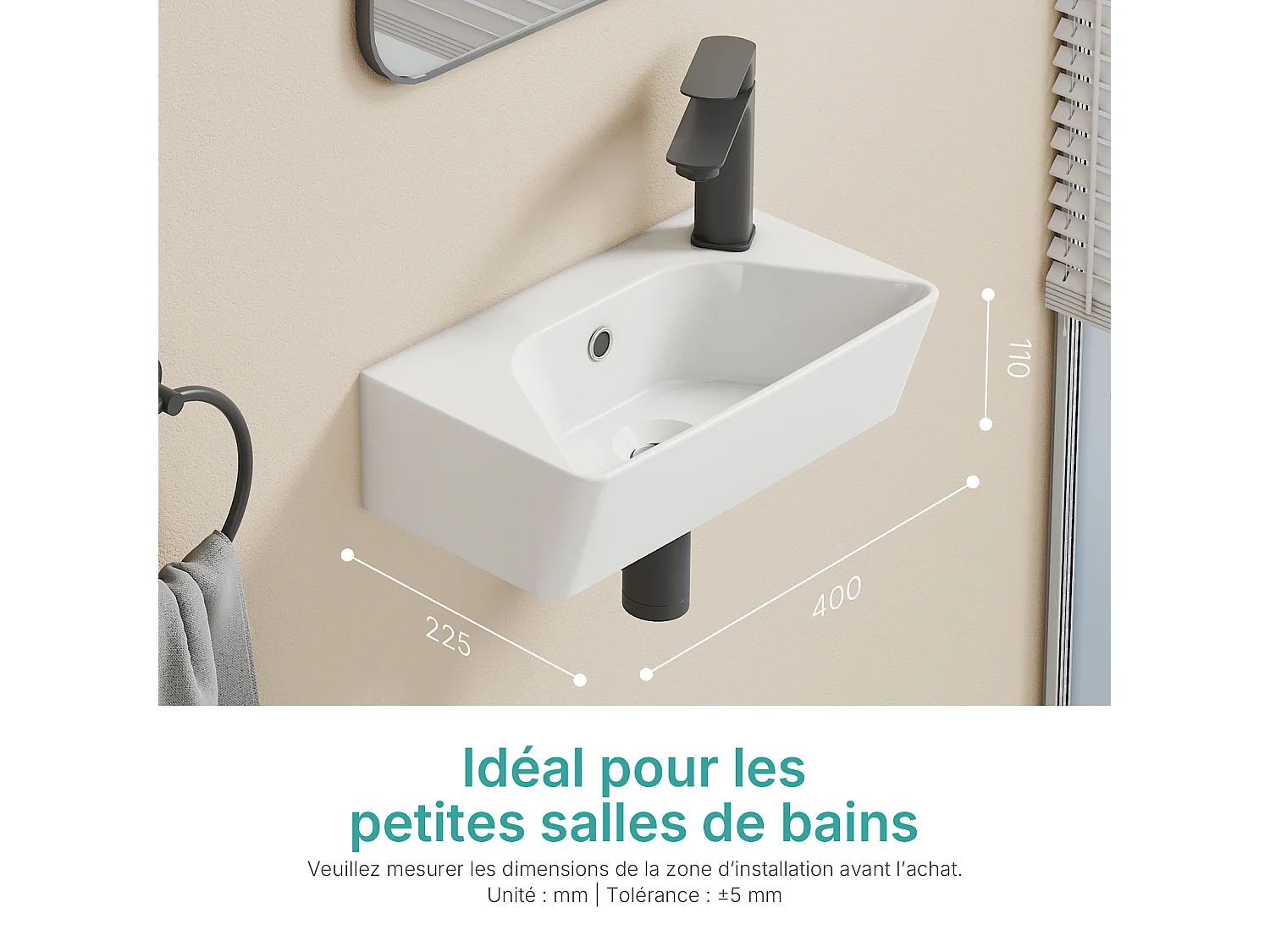 EMKE Lavabo Mural en Céramique 40x22.5x13cm, Blanc Brillant, Vasque Murale Carrée avec Trou pour Robinet