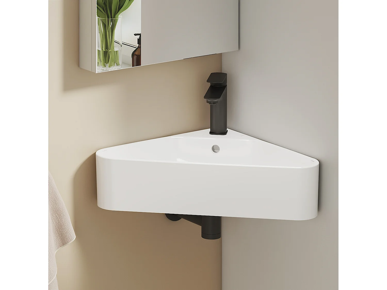 EMKE Keramische Hoekwastafel 56x34x13cm, Glanzend Wit, Driehoekige Wandwastafel met Kraangat