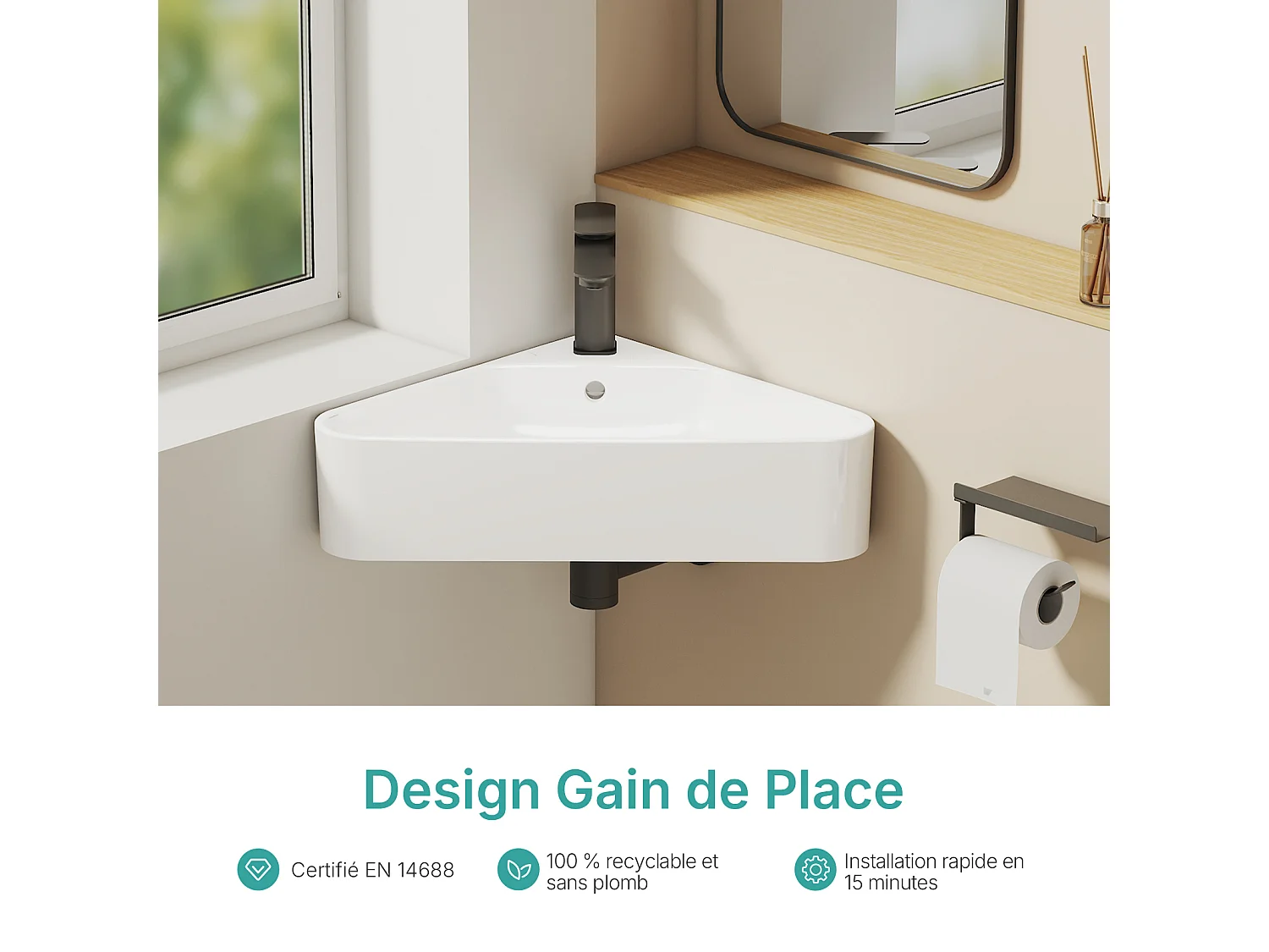 EMKE Keramische Hoekwastafel 56x34x13cm, Glanzend Wit, Driehoekige Wandwastafel met Kraangat