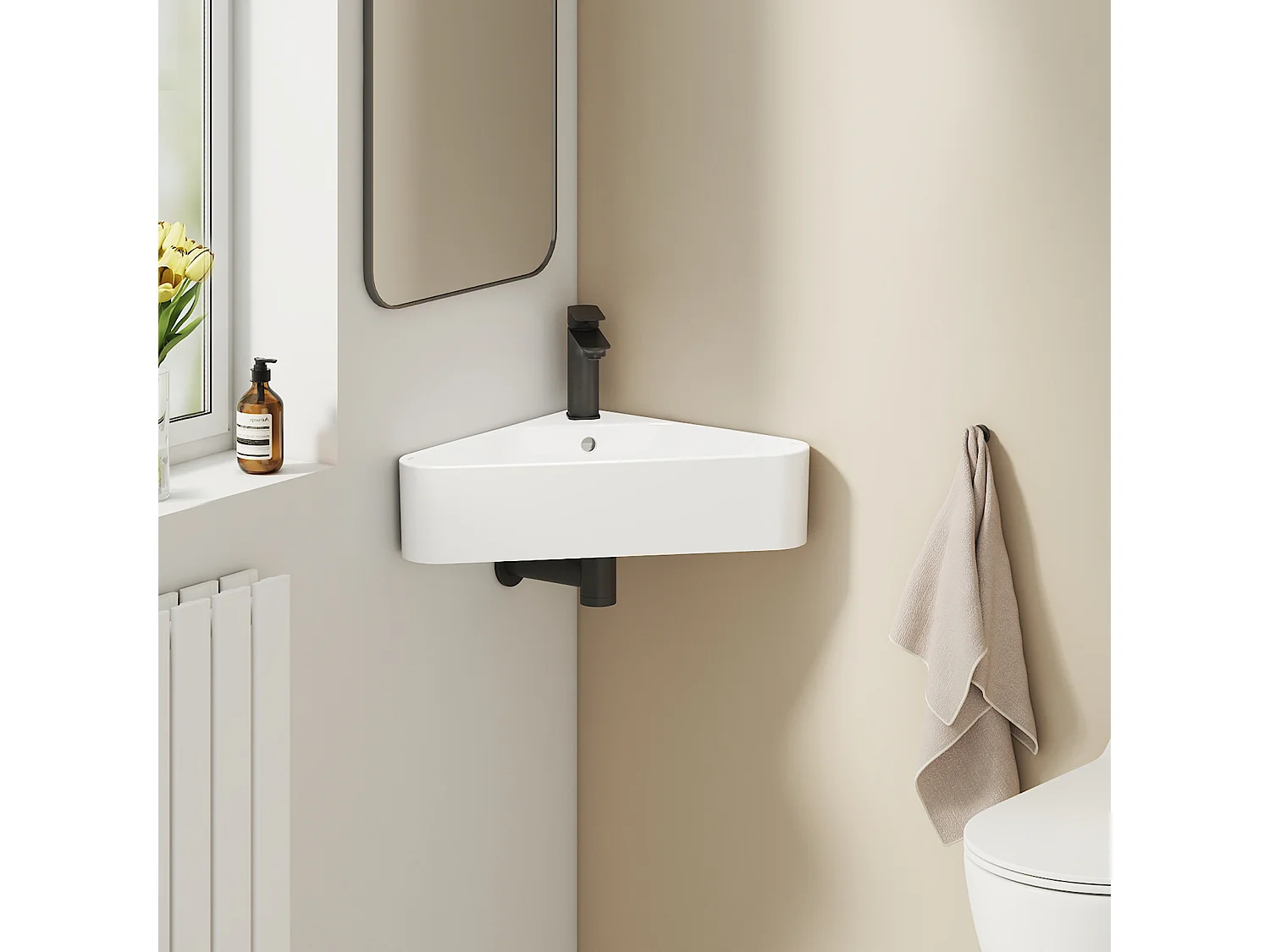 EMKE Keramische Hoekwastafel 56x34x13cm, Glanzend Wit, Driehoekige Wandwastafel met Kraangat