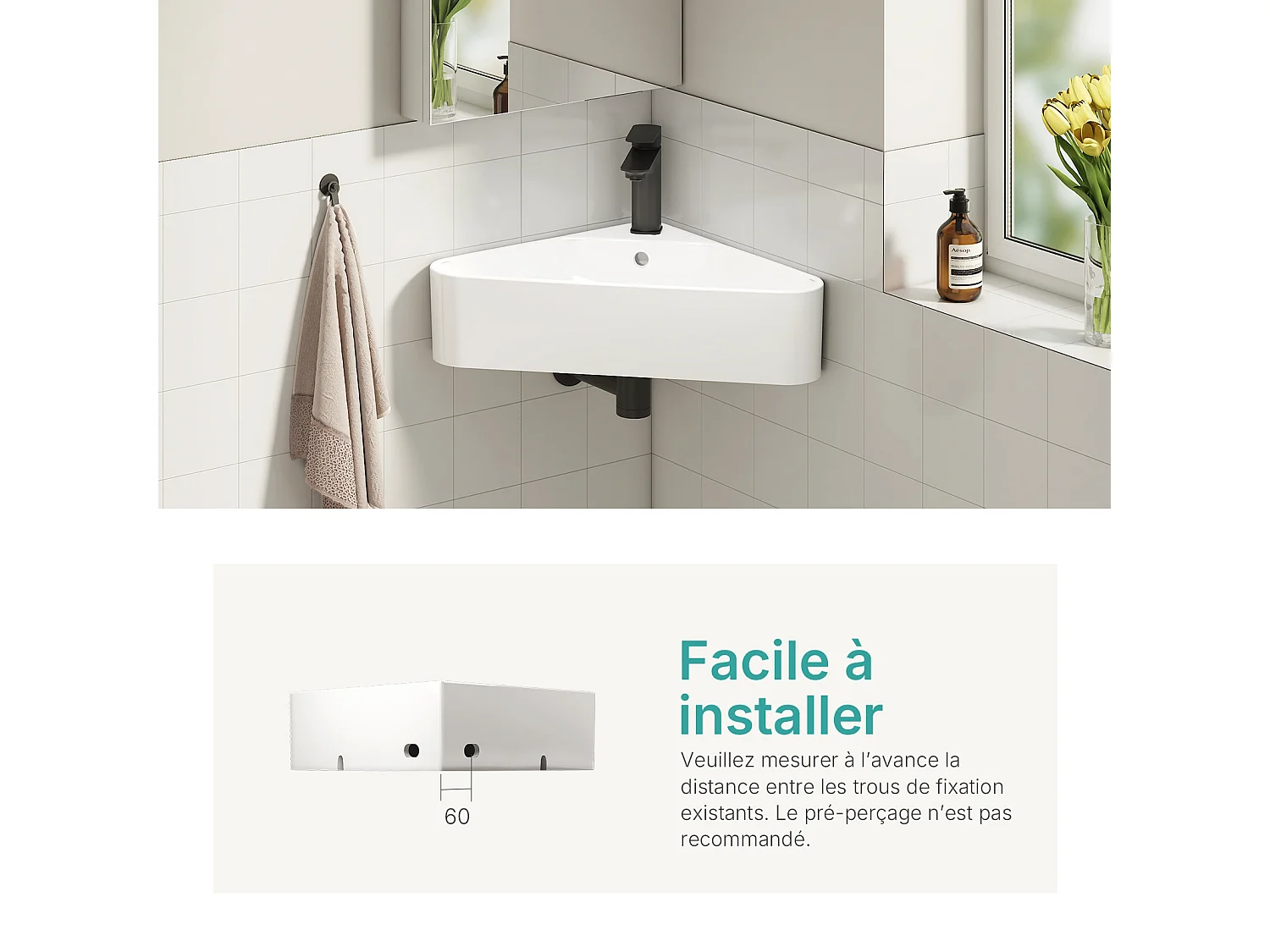 EMKE Keramische Hoekwastafel 56x34x13cm, Glanzend Wit, Driehoekige Wandwastafel met Kraangat