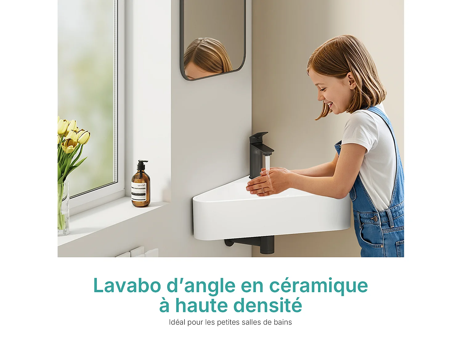 EMKE Keramische Hoekwastafel 56x34x13cm, Glanzend Wit, Driehoekige Wandwastafel met Kraangat