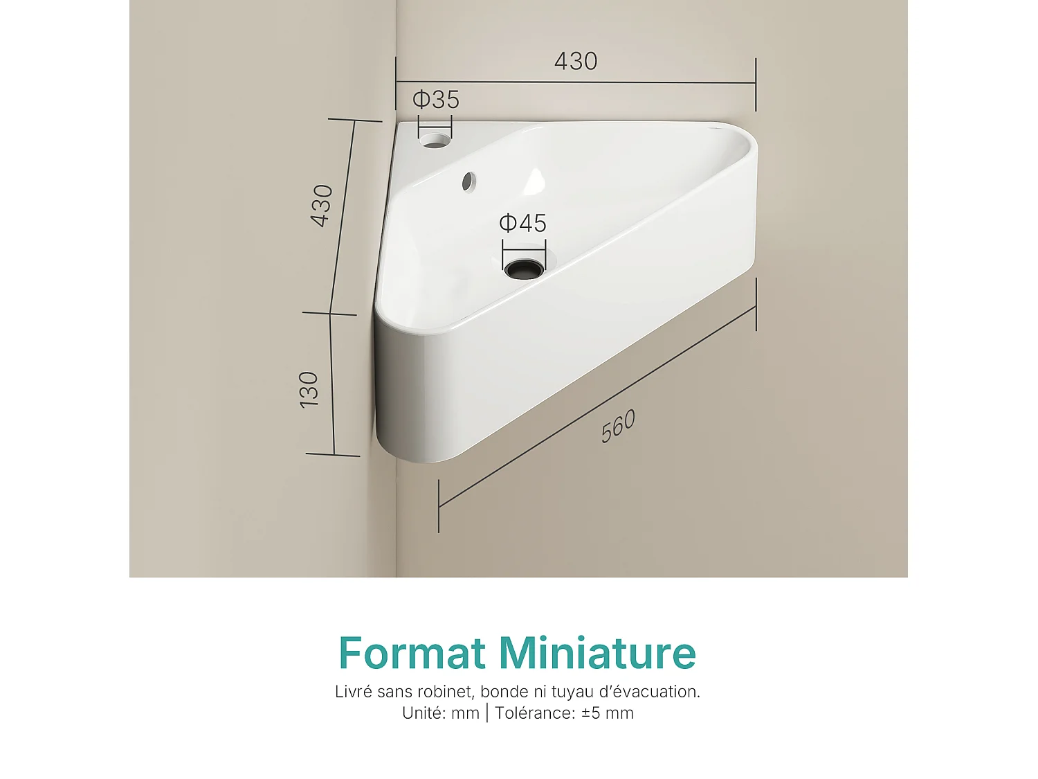 EMKE Keramische Hoekwastafel 56x34x13cm, Glanzend Wit, Driehoekige Wandwastafel met Kraangat