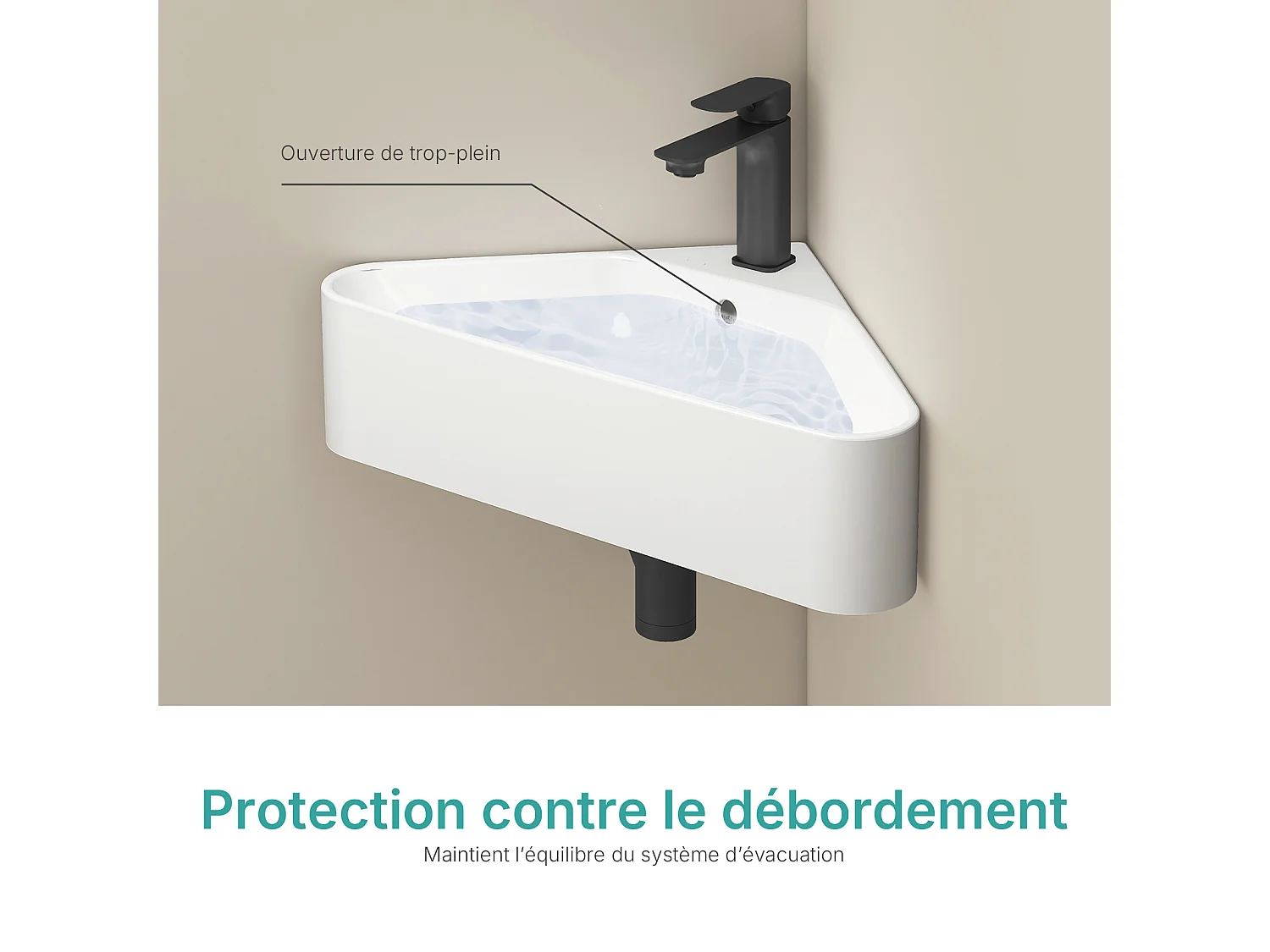 EMKE Keramische Hoekwastafel 56x34x13cm, Glanzend Wit, Driehoekige Wandwastafel met Kraangat