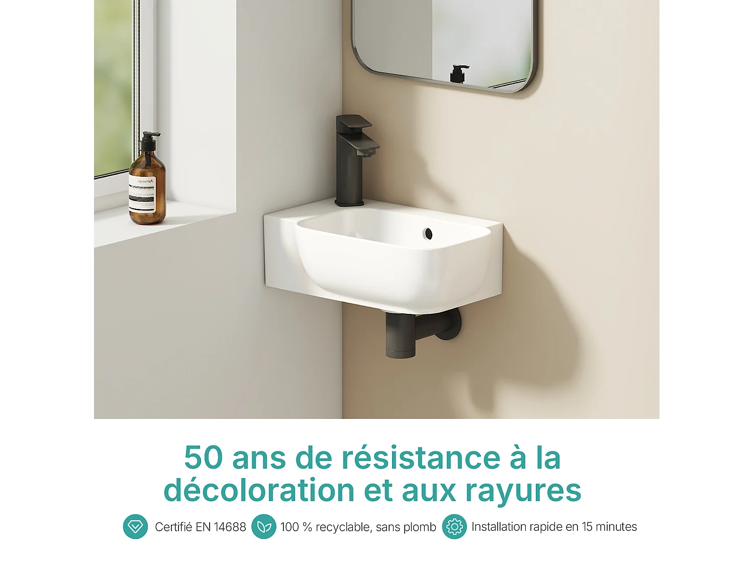 EMKE Keramische Wandwastafel 40x25x14cm, Glanzend Wit, Vierkante Wandwastafel met Kraangat