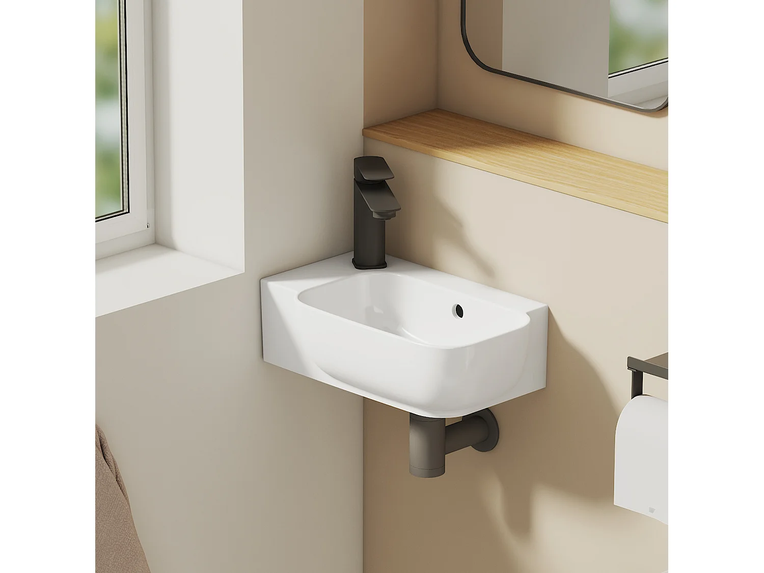 EMKE Keramische Wandwastafel 40x25x14cm, Glanzend Wit, Vierkante Wandwastafel met Kraangat