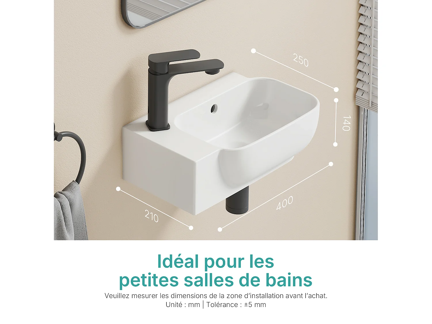 EMKE Keramische Wandwastafel 40x25x14cm, Glanzend Wit, Vierkante Wandwastafel met Kraangat