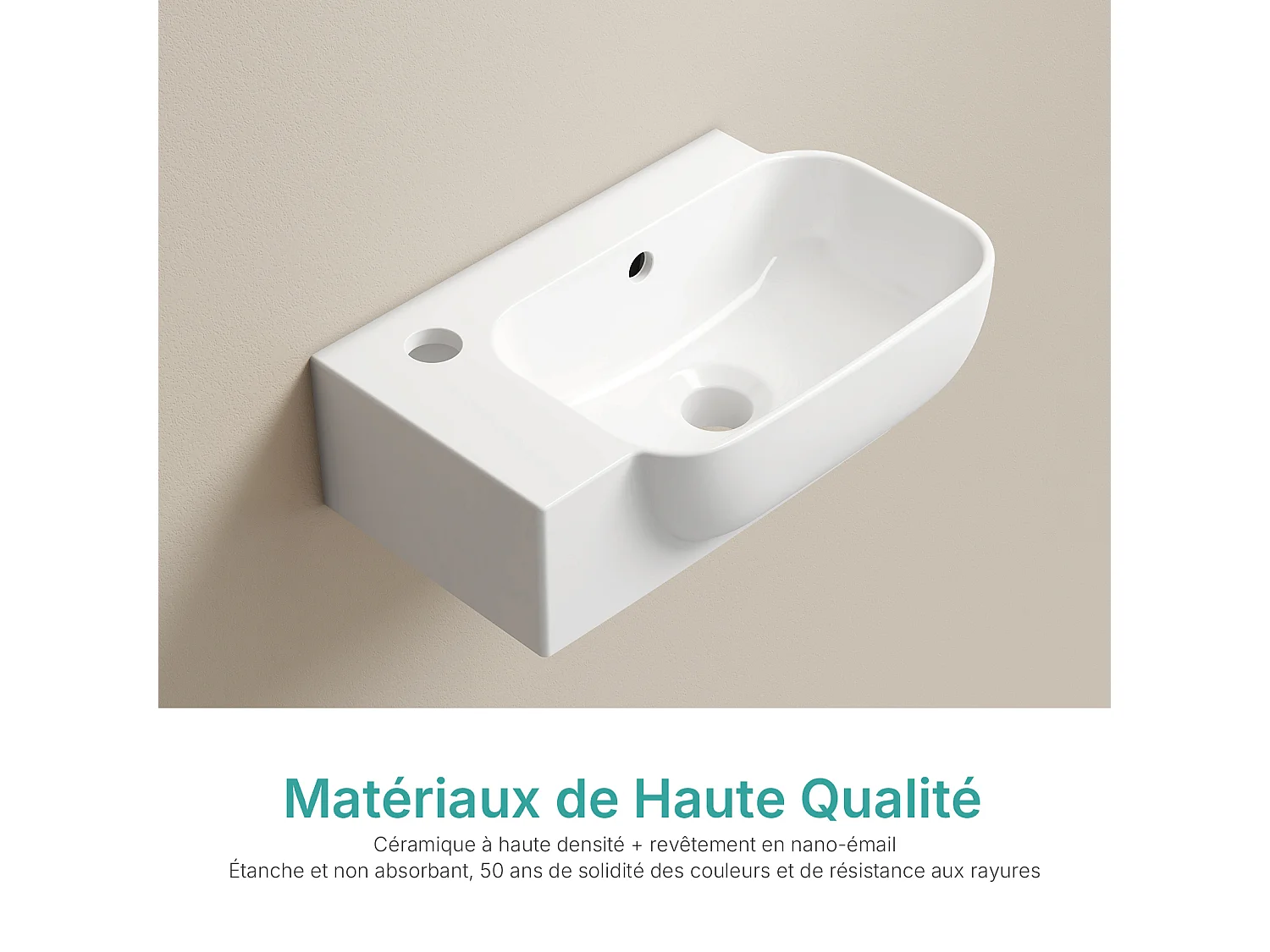 EMKE Keramische Wandwastafel 40x25x14cm, Glanzend Wit, Vierkante Wandwastafel met Kraangat