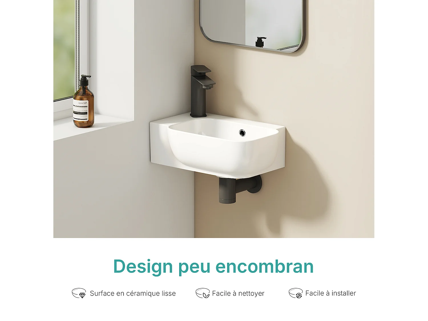 EMKE Lavabo Mural en Céramique 40x25x14cm, Blanc Brillant, Vasque Murale Carrée avec Trou pour Robinet