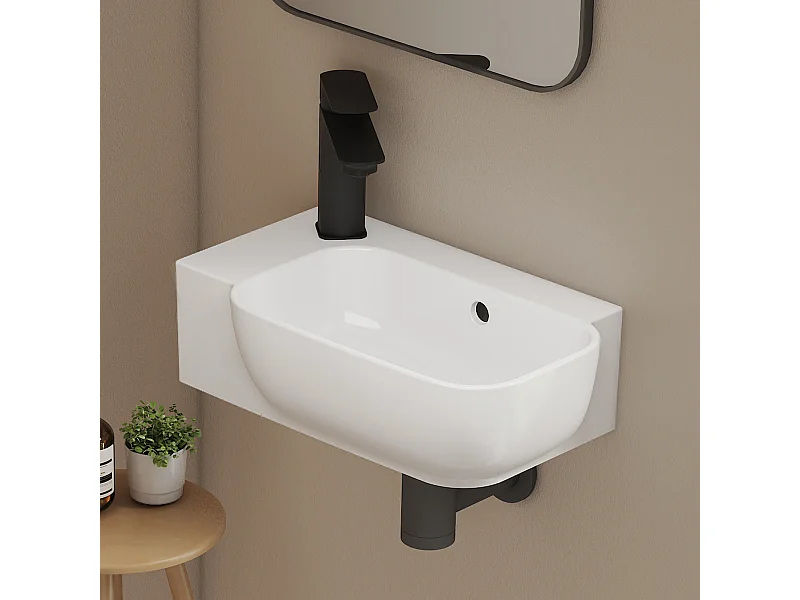 EMKE Lavabo Mural en Céramique 40x25x14cm, Blanc Brillant, Vasque Murale Carrée avec Trou pour Robinet