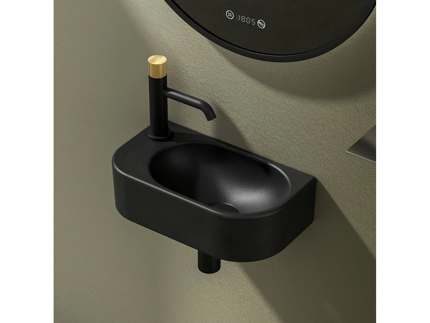 EMKE Badkamerwastafel 400 x 215 x 120 mm, Keramische wastafel met afgeronde hoeken, Kraangat rechts, Mat zwart