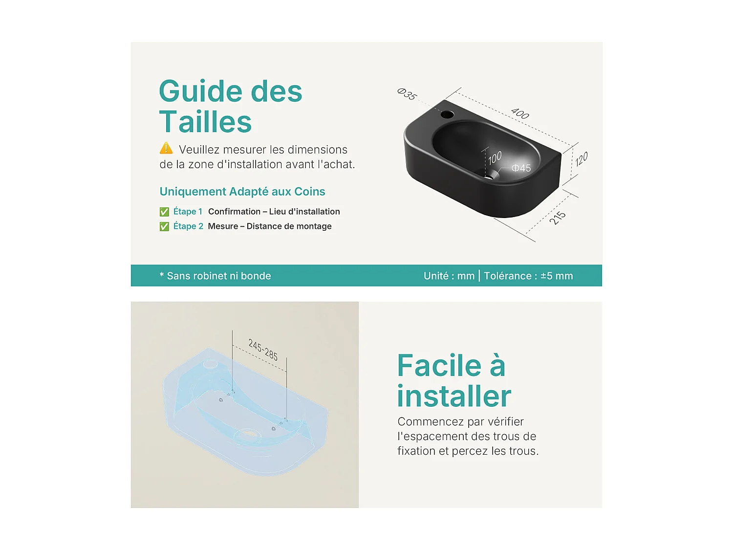 EMKE Badkamerwastafel 400 x 215 x 120 mm, Keramische wastafel met afgeronde hoeken, Kraangat rechts, Mat zwart