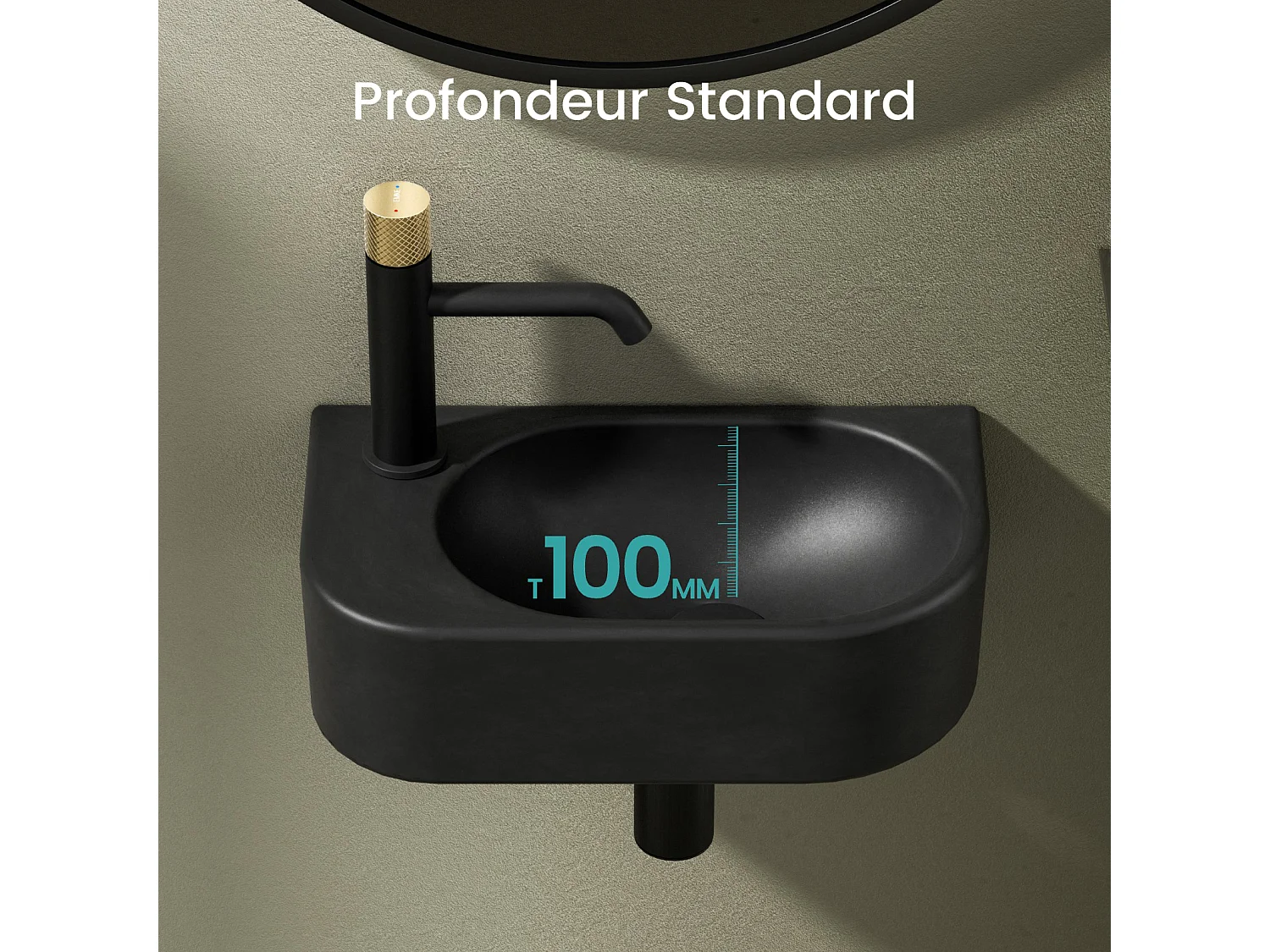 EMKE Badkamerwastafel 400 x 215 x 120 mm, Keramische wastafel met afgeronde hoeken, Kraangat rechts, Mat zwart