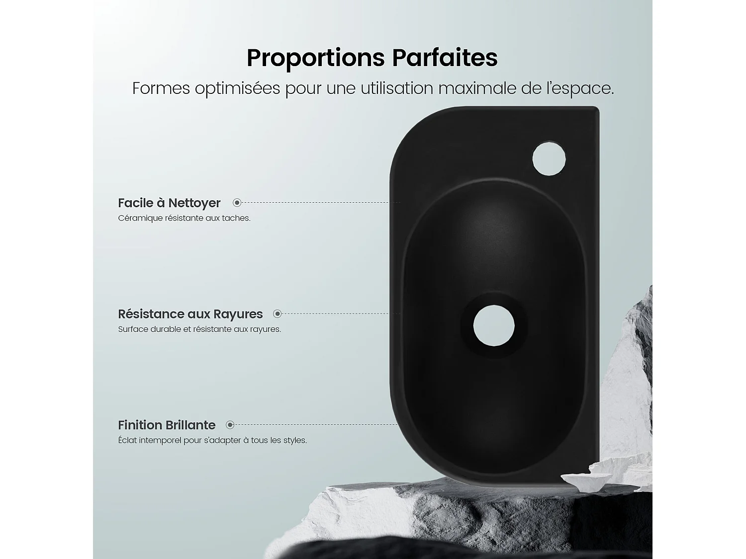 EMKE Badkamerwastafel 400 x 215 x 120 mm, Keramische wastafel met afgeronde hoeken, Kraangat rechts, Mat zwart