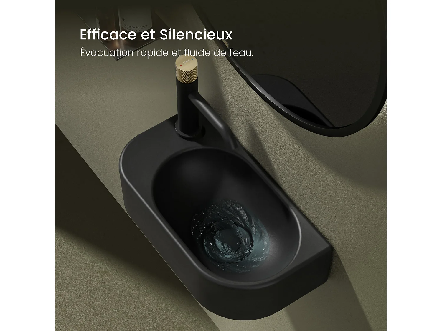 EMKE Badkamerwastafel 400 x 215 x 120 mm, Keramische wastafel met afgeronde hoeken, Kraangat rechts, Mat zwart