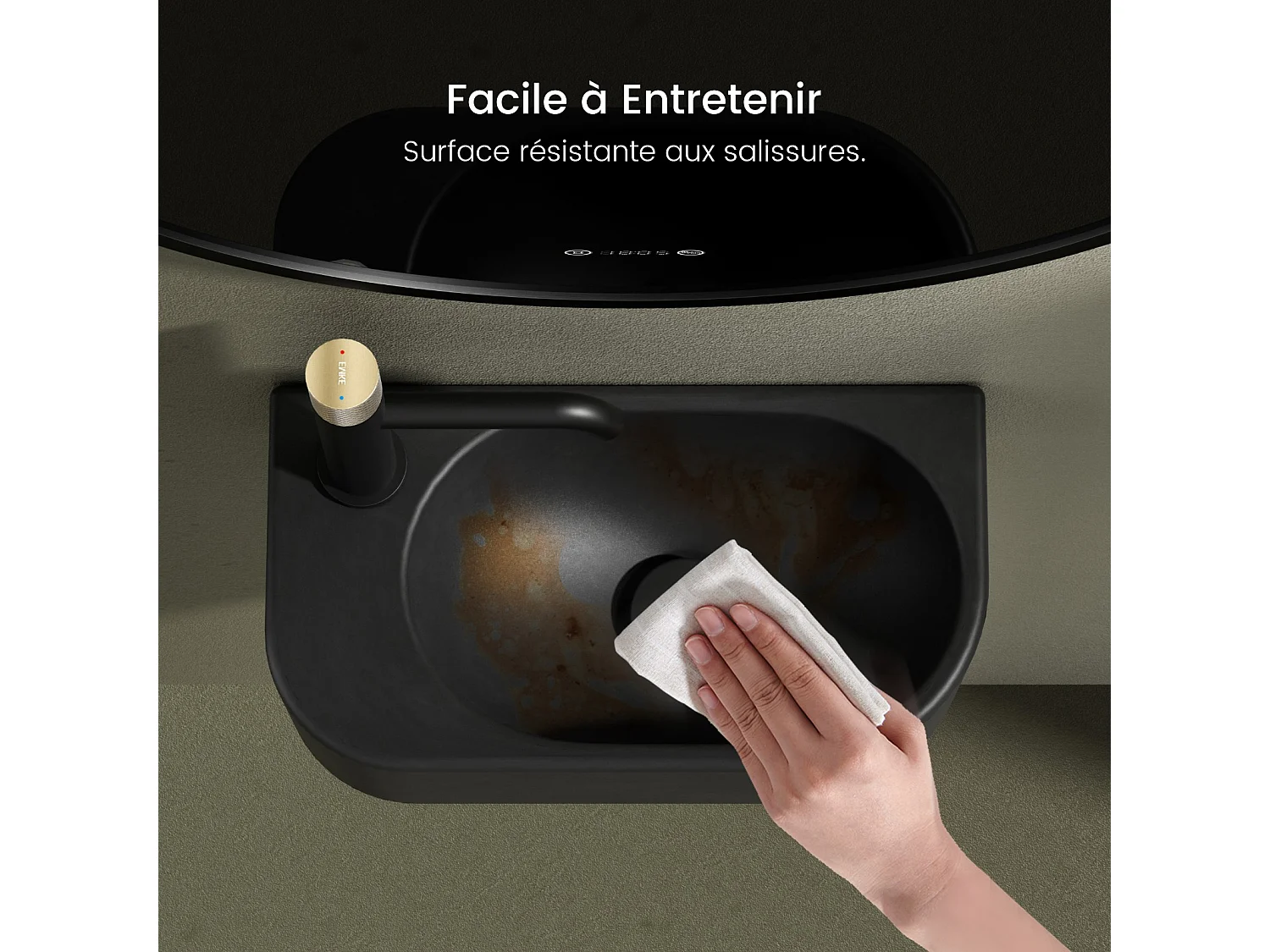 EMKE Badkamerwastafel 400 x 215 x 120 mm, Keramische wastafel met afgeronde hoeken, Kraangat rechts, Mat zwart