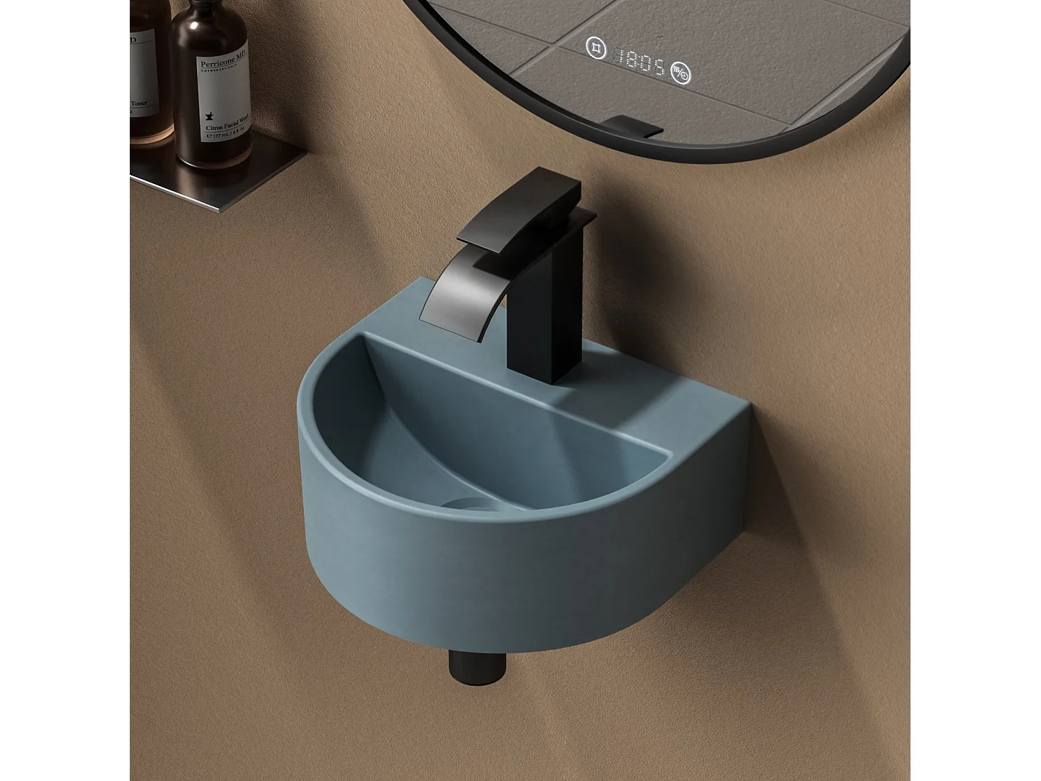 EMKE Compacte badkamerwastafel 303x255x120 mm, Mini keramische wastafel, U-vormig, Wandmontage, Mat lichtgrijsblauw