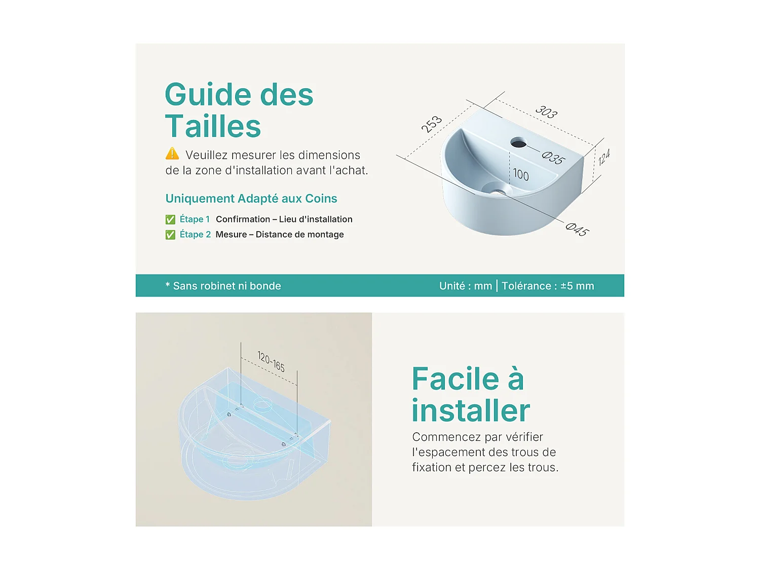 EMKE Compacte badkamerwastafel 303x255x120 mm, Mini keramische wastafel, U-vormig, Wandmontage, Mat lichtgrijsblauw