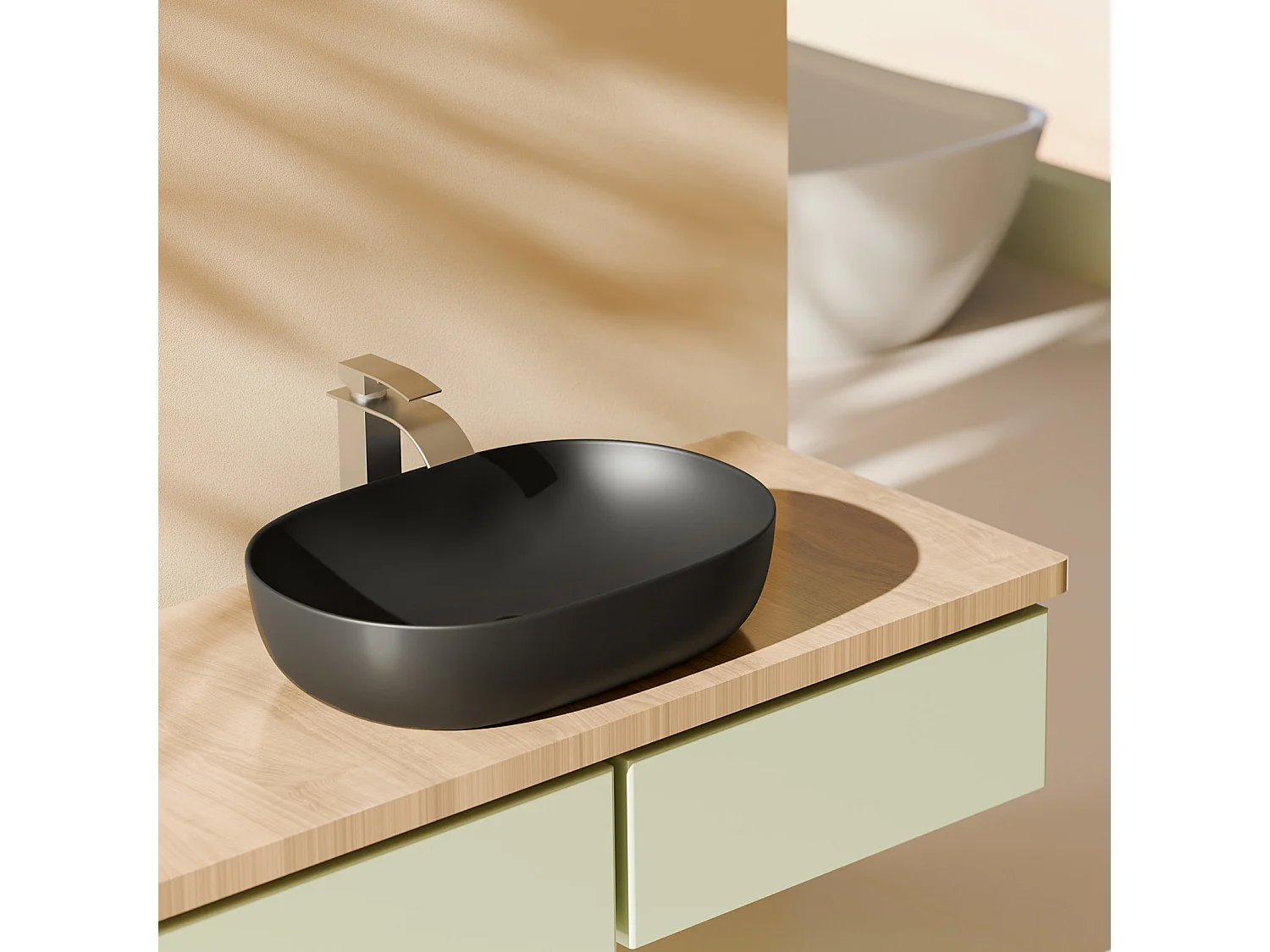 EMKE Ovales Aufsatzwaschbecken, 600 x 415 x 135 mm, Keramikwaschbecken, Mattschwarz