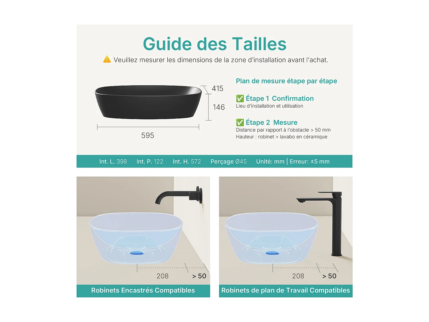 EMKE Ovales Aufsatzwaschbecken, 600 x 415 x 135 mm, Keramikwaschbecken, Mattschwarz