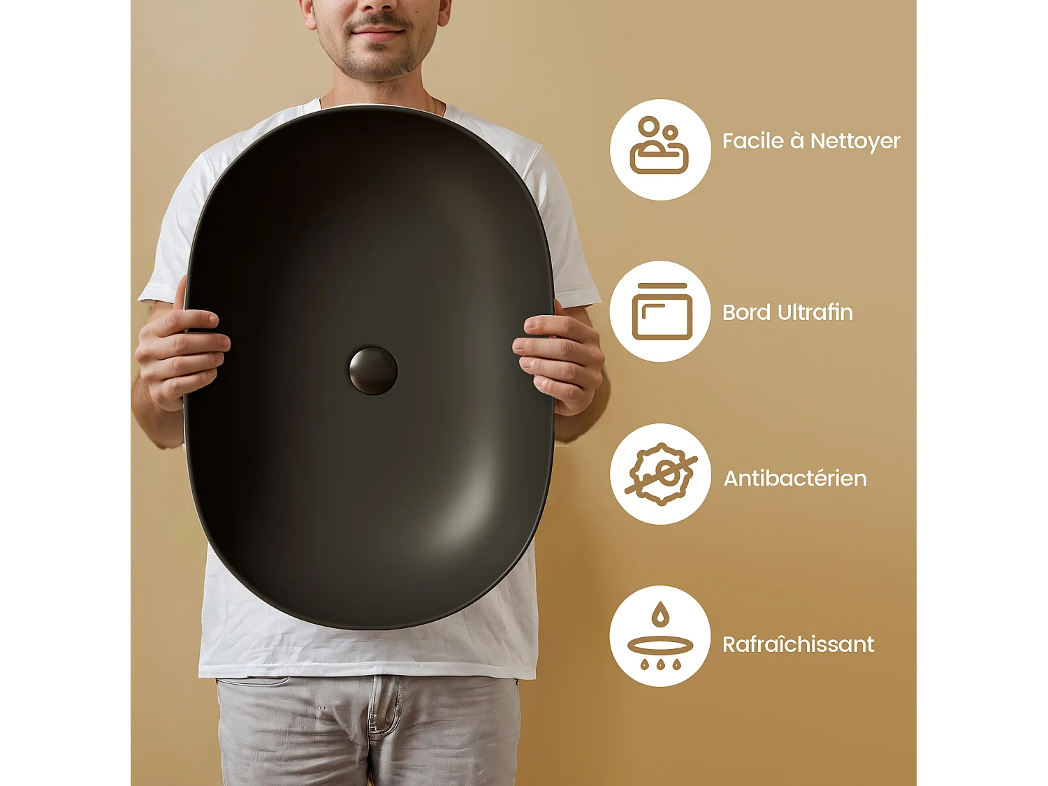 EMKE Ovales Aufsatzwaschbecken, 600 x 415 x 135 mm, Keramikwaschbecken, Mattschwarz