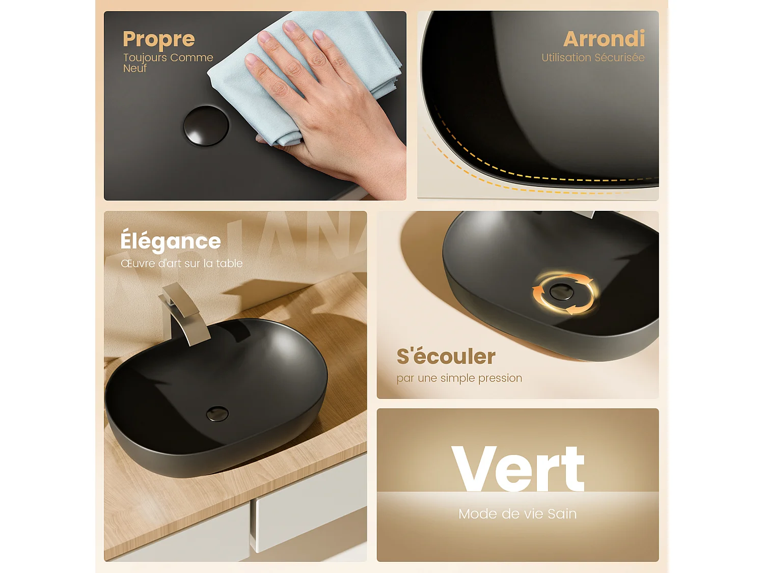 EMKE Ovales Aufsatzwaschbecken, 600 x 415 x 135 mm, Keramikwaschbecken, Mattschwarz