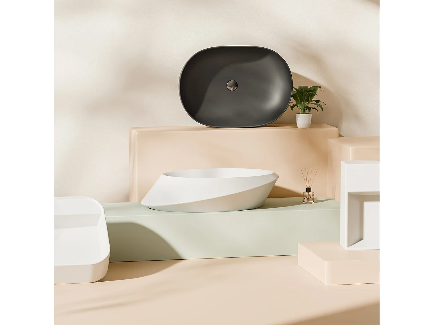 EMKE Ovales Aufsatzwaschbecken, 600 x 415 x 135 mm, Keramikwaschbecken, Mattschwarz