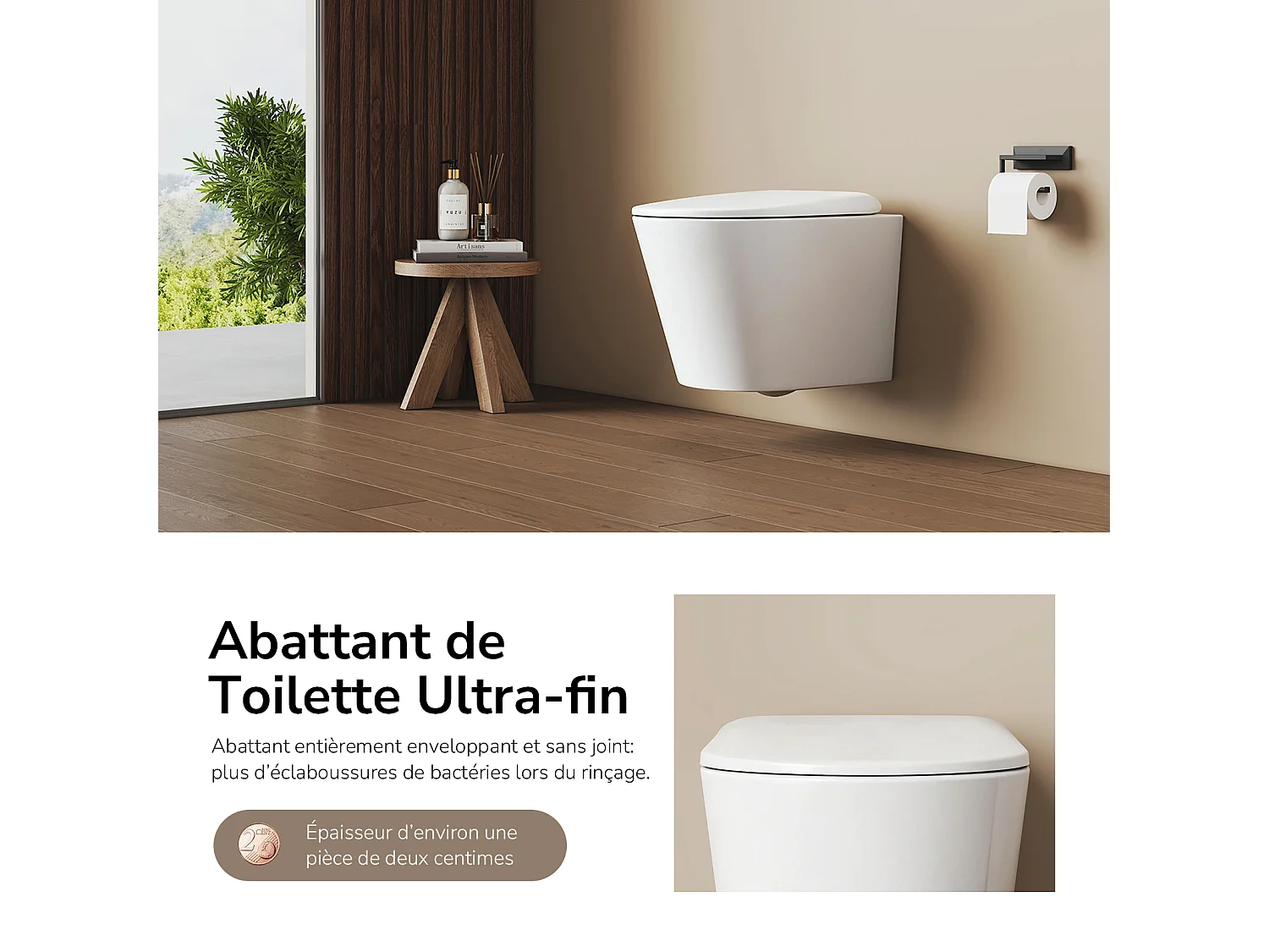 EMKE WC Suspendu Compact en Céramique, Sans Bord, Abattant UF Amovible Frein de Chute, Blanc Brillant 360x365x490 mm