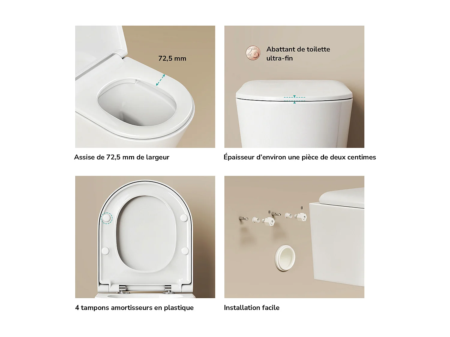 EMKE WC Suspendu Compact en Céramique, Sans Bord, Abattant UF Amovible Frein de Chute, Blanc Brillant 360x365x490 mm