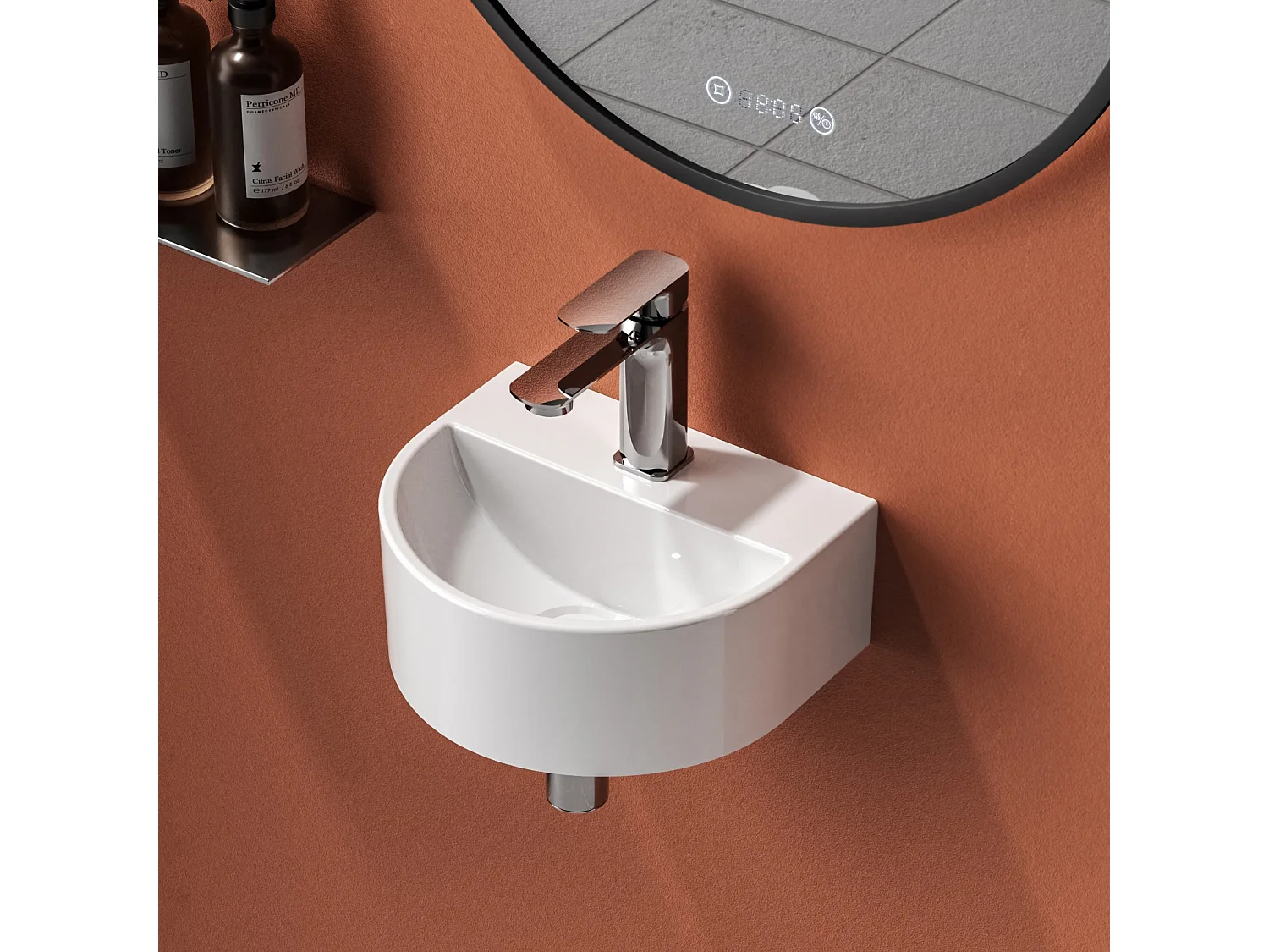 EMKE Wandwastafel 303 x 255 x 120 mm, Mini keramische wastafel, U-vormig, Wandmontage, Glanzend wit