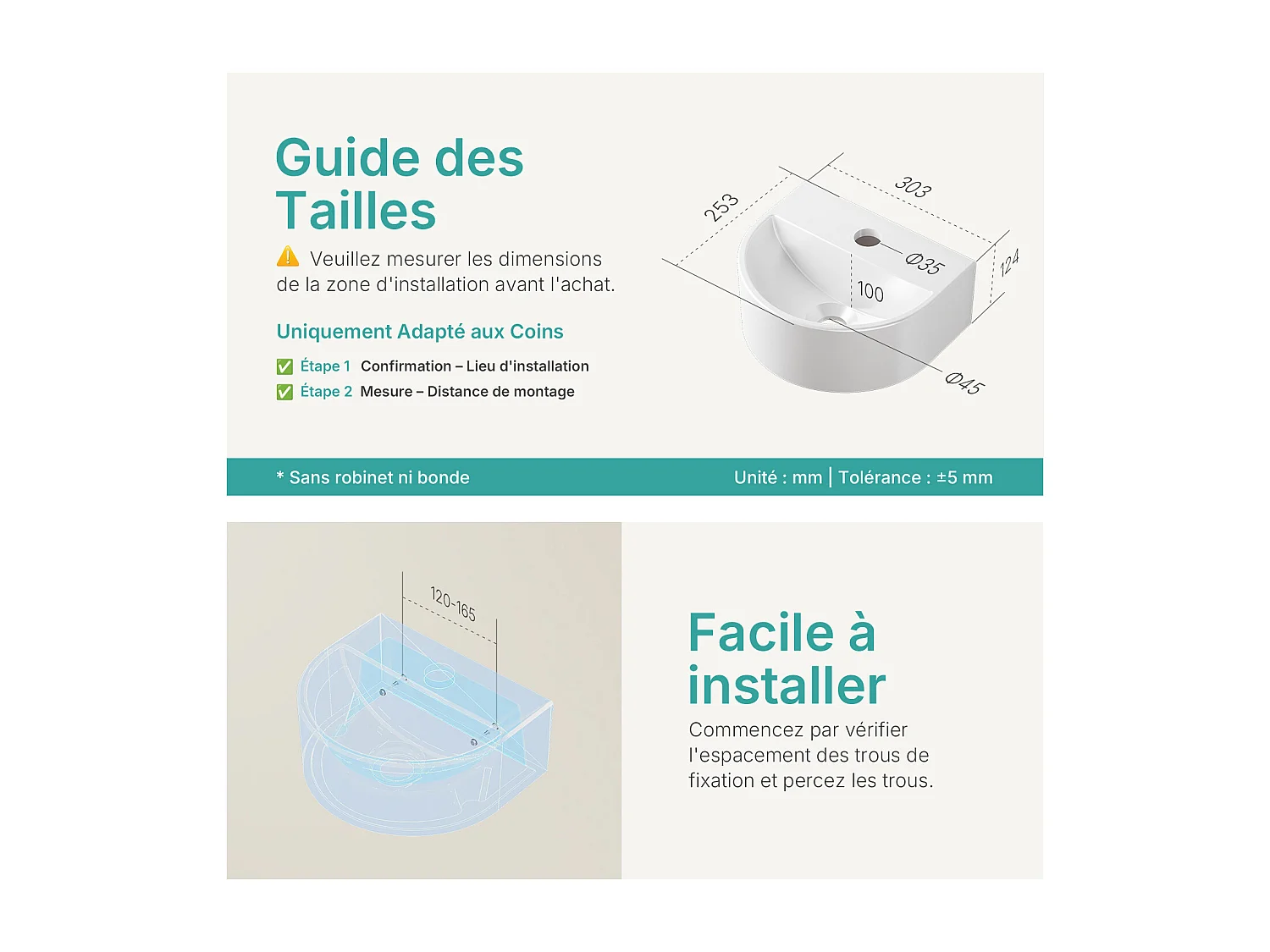 EMKE Wandwastafel 303 x 255 x 120 mm, Mini keramische wastafel, U-vormig, Wandmontage, Glanzend wit