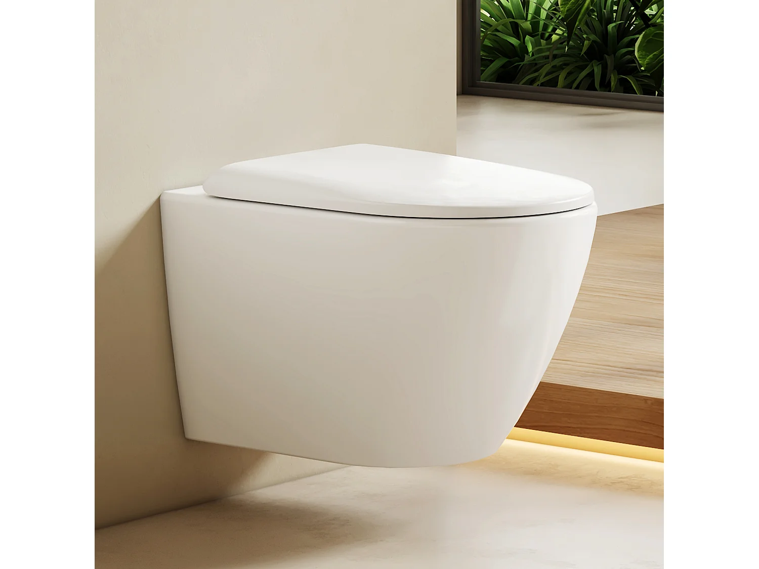 EMKE WC Suspendu Blanc Brillant en Céramique, Sans Bord, Double Chasse, Abattant UF Amovible Frein de Chute 370x370x490 mm