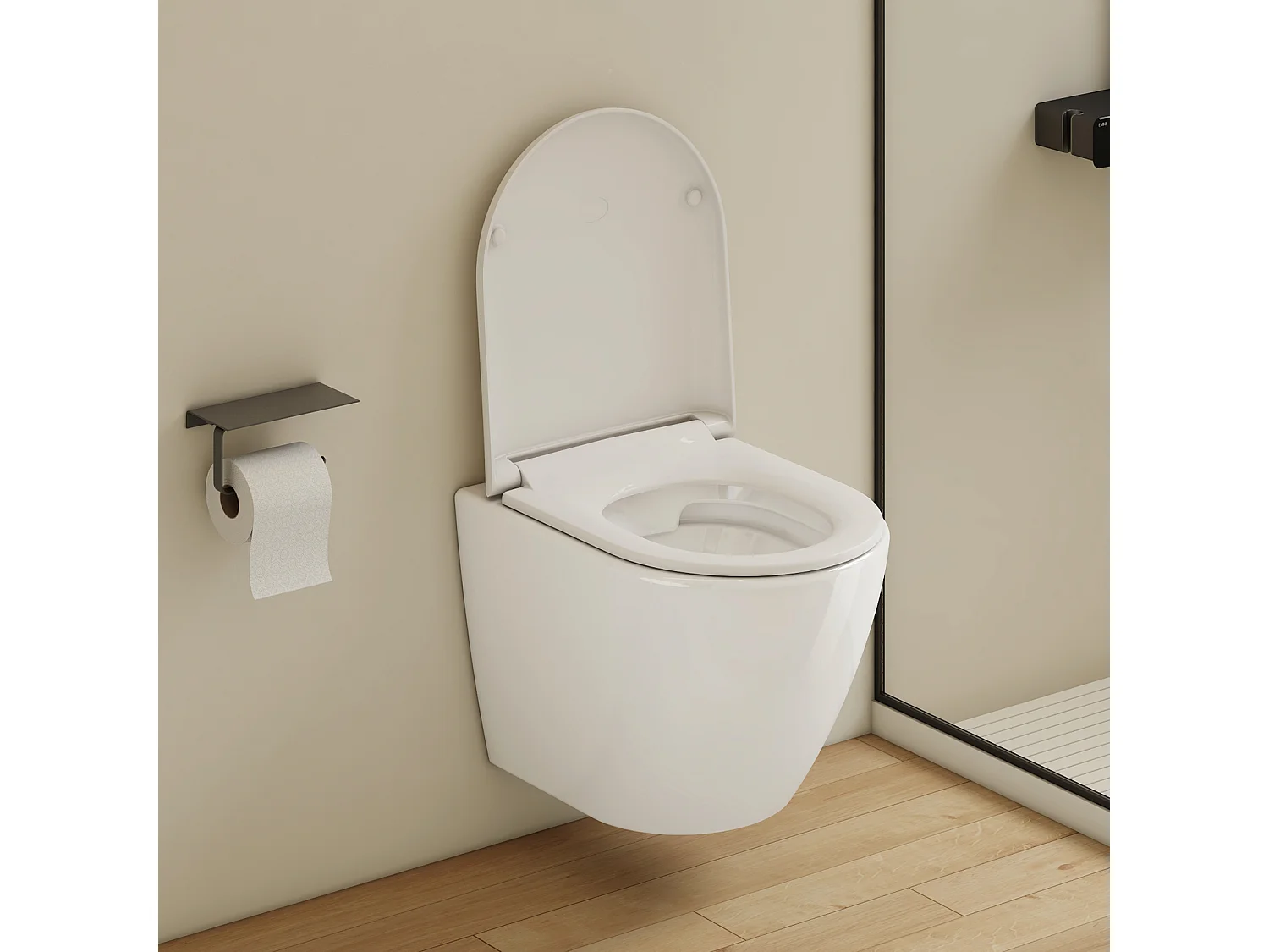 EMKE WC Suspendu Blanc Brillant en Céramique, Sans Bord, Double Chasse, Abattant UF Amovible Frein de Chute 370x370x490 mm