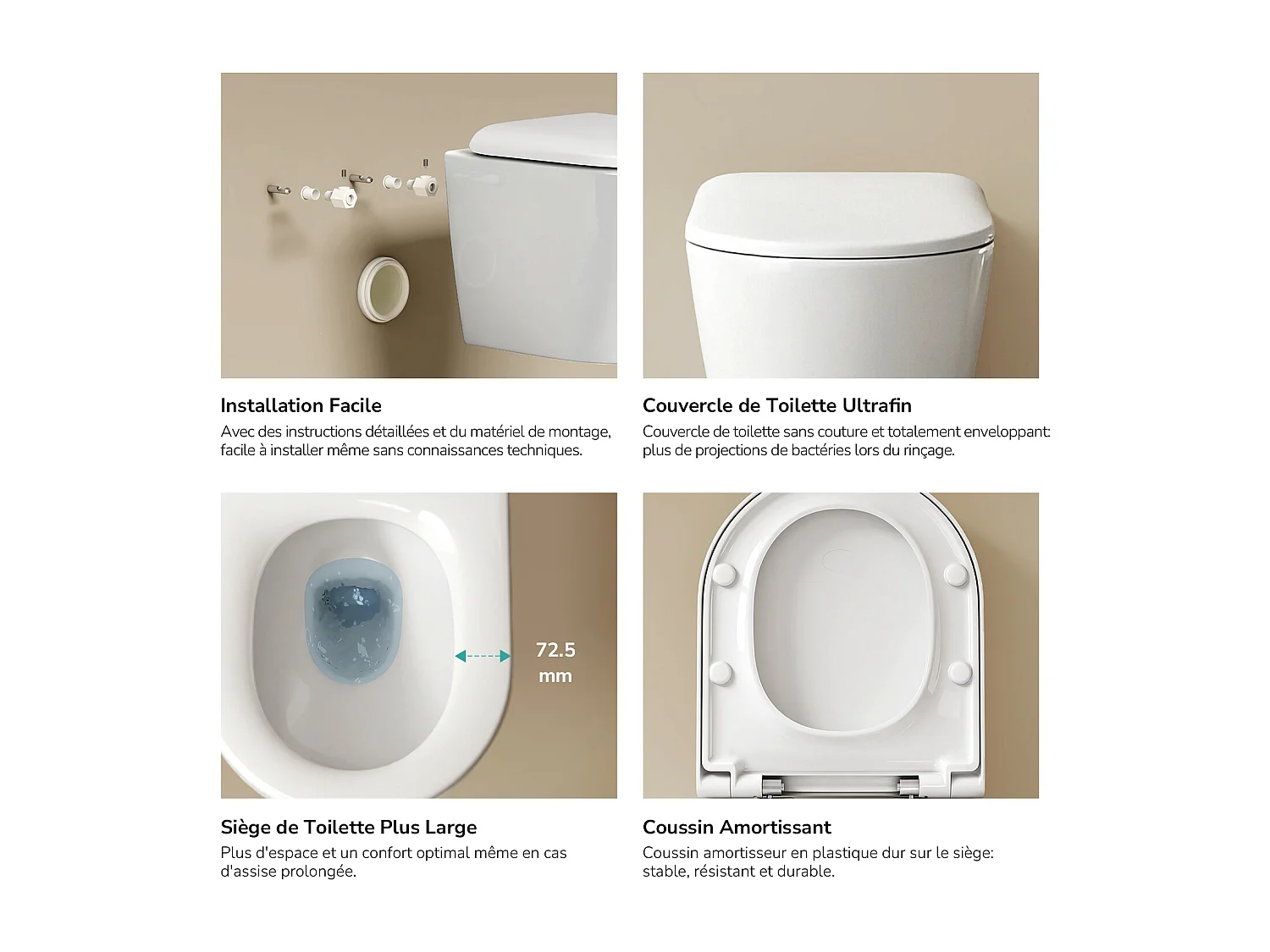 EMKE WC Suspendu Blanc Brillant en Céramique, Sans Bord, Double Chasse, Abattant UF Amovible Frein de Chute 370x370x490 mm