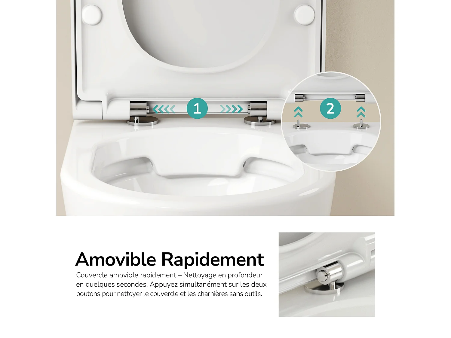 EMKE WC Suspendu Blanc Brillant en Céramique, Sans Bord, Double Chasse, Abattant UF Amovible Frein de Chute 370x370x490 mm