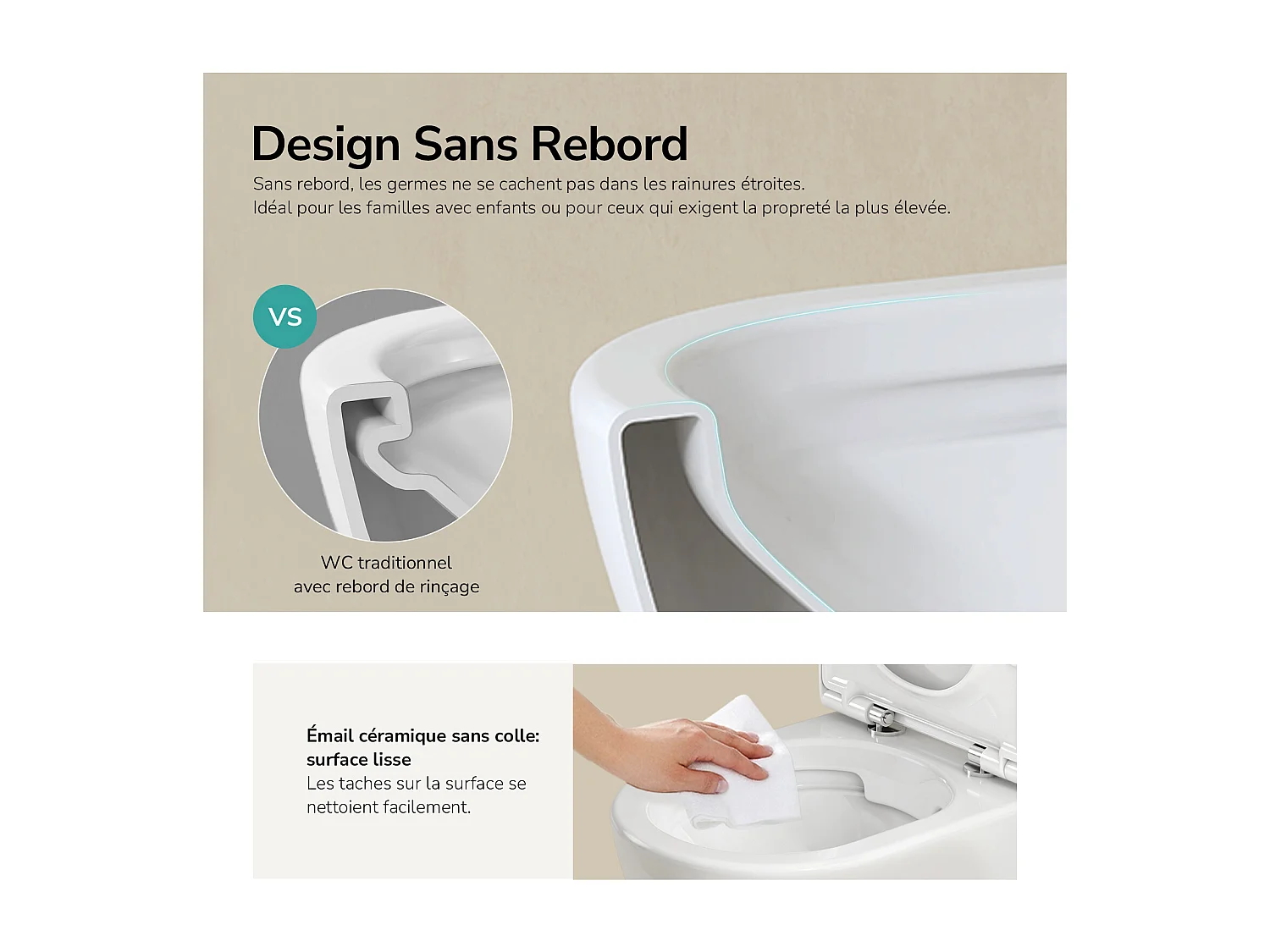 EMKE WC Suspendu Blanc Brillant en Céramique, Sans Bord, Double Chasse, Abattant UF Amovible Frein de Chute 370x370x490 mm