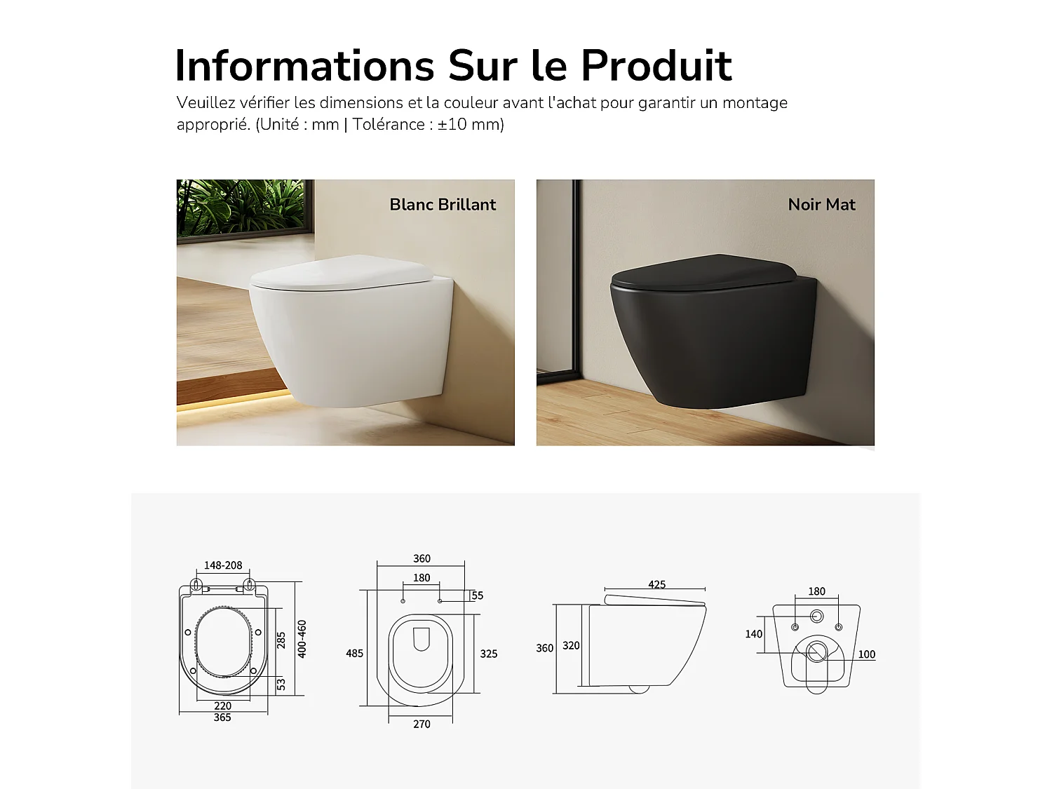 EMKE WC Suspendu Blanc Brillant en Céramique, Sans Bord, Double Chasse, Abattant UF Amovible Frein de Chute 370x370x490 mm