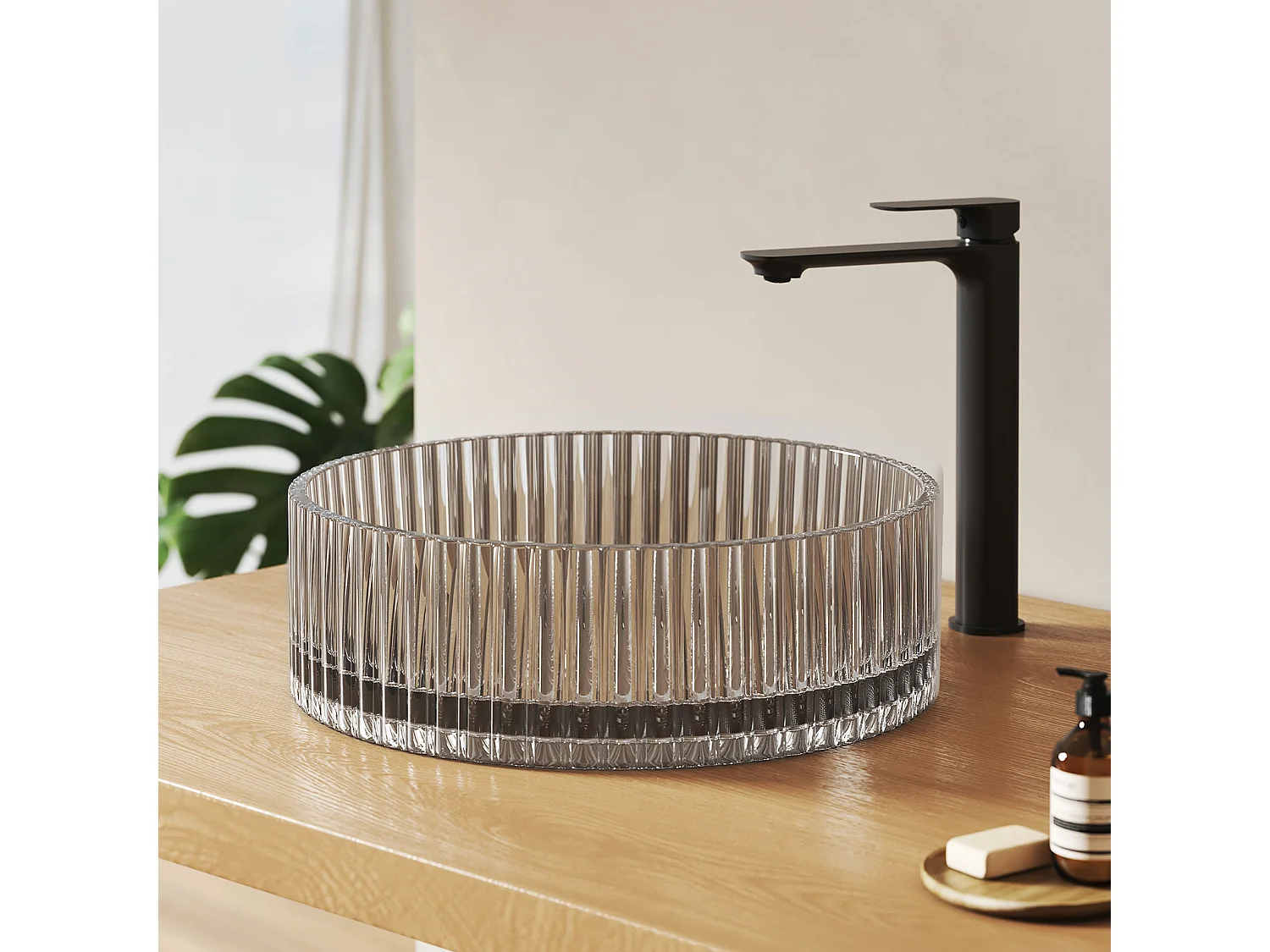 EMKE Lavabo en Verre Trempé Rond à Poser 400x400x120 mm, Vasque Salle de Bain, Gris Transparent