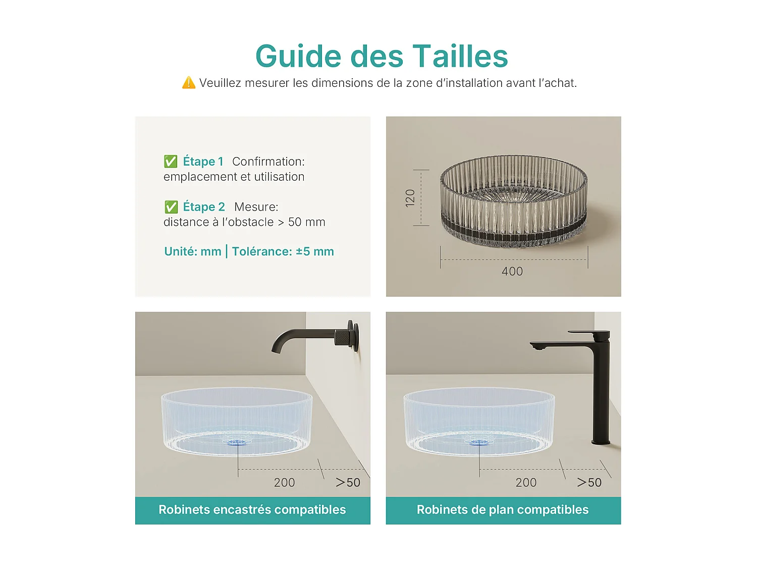 EMKE Lavabo en Verre Trempé Rond à Poser 400x400x120 mm, Vasque Salle de Bain, Gris Transparent