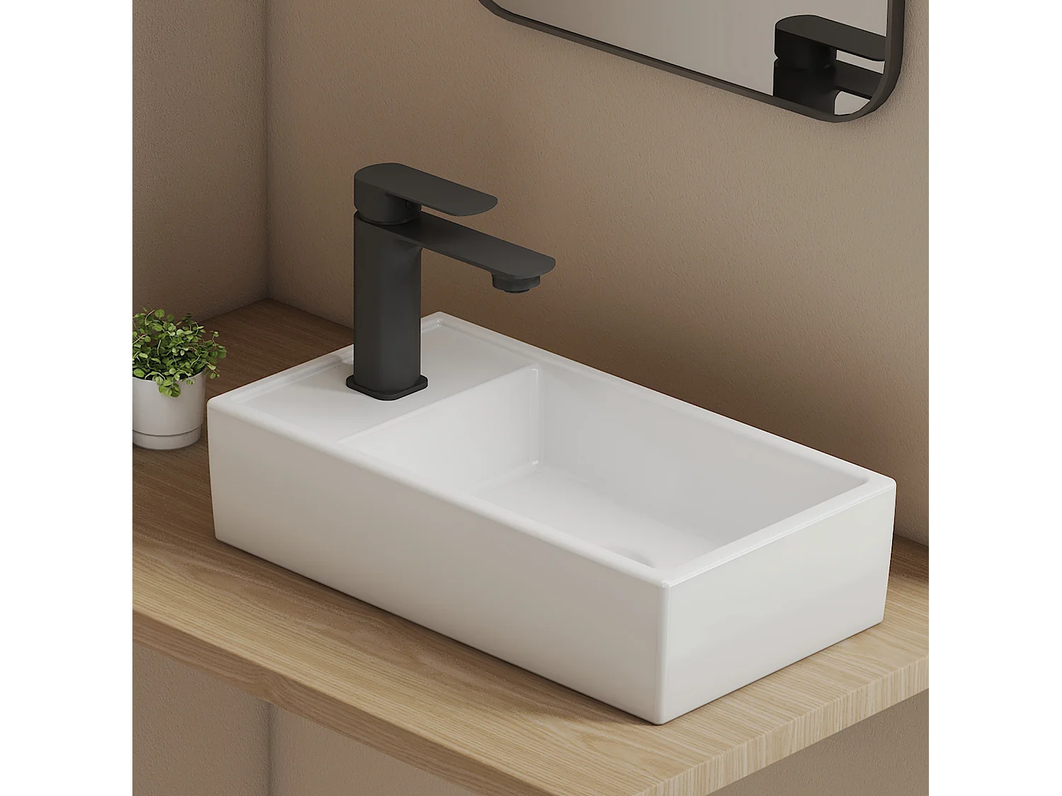 EMKE keramische wastafel 41 x 22 x 10 cm, glanzend wit, vierkante wastafel voor op het aanrecht of aan de muur met kraangat