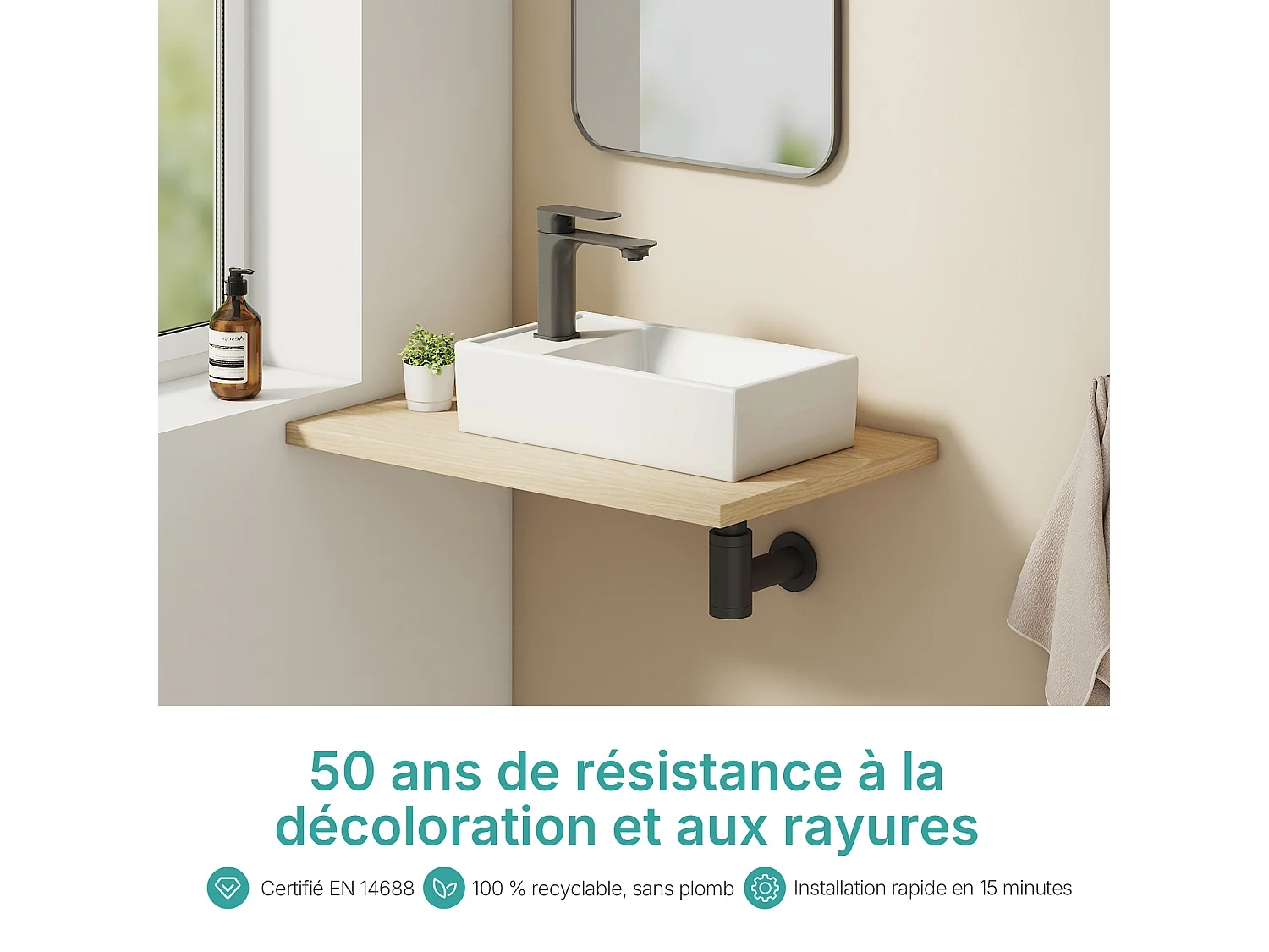 EMKE keramische wastafel 41 x 22 x 10 cm, glanzend wit, vierkante wastafel voor op het aanrecht of aan de muur met kraangat