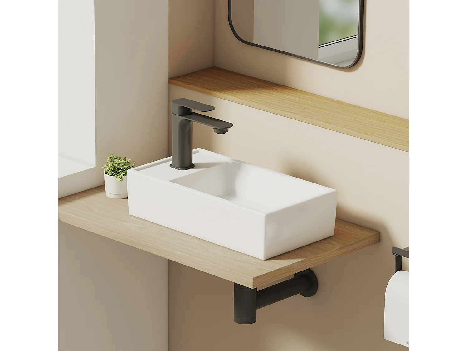 EMKE keramische wastafel 41 x 22 x 10 cm, glanzend wit, vierkante wastafel voor op het aanrecht of aan de muur met kraangat