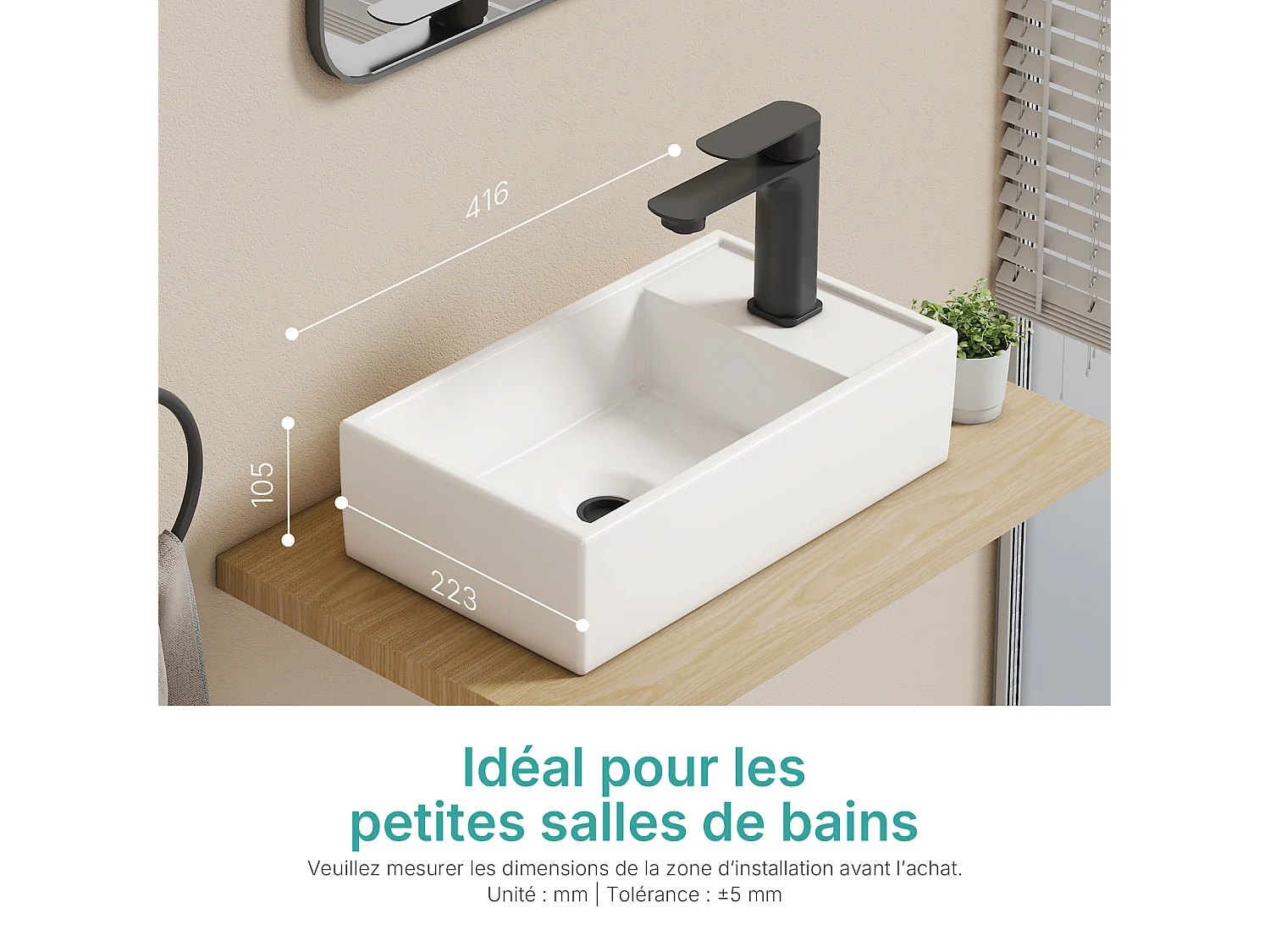 EMKE keramische wastafel 41 x 22 x 10 cm, glanzend wit, vierkante wastafel voor op het aanrecht of aan de muur met kraangat