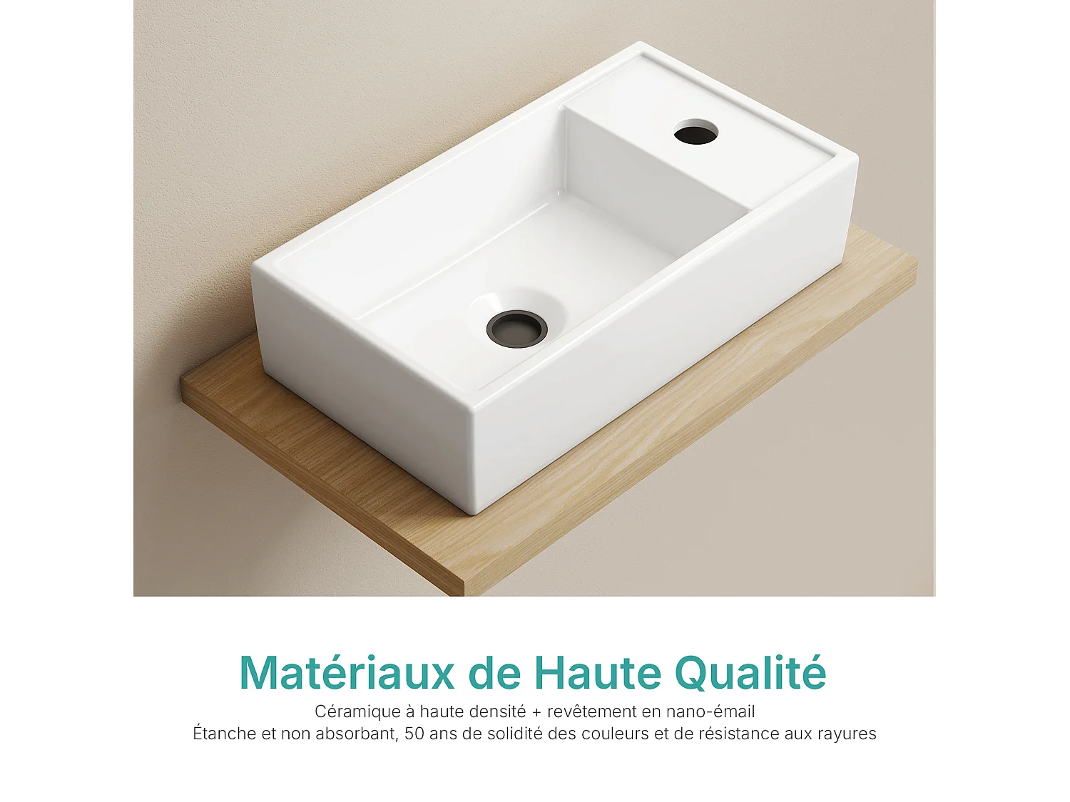 EMKE keramische wastafel 41 x 22 x 10 cm, glanzend wit, vierkante wastafel voor op het aanrecht of aan de muur met kraangat