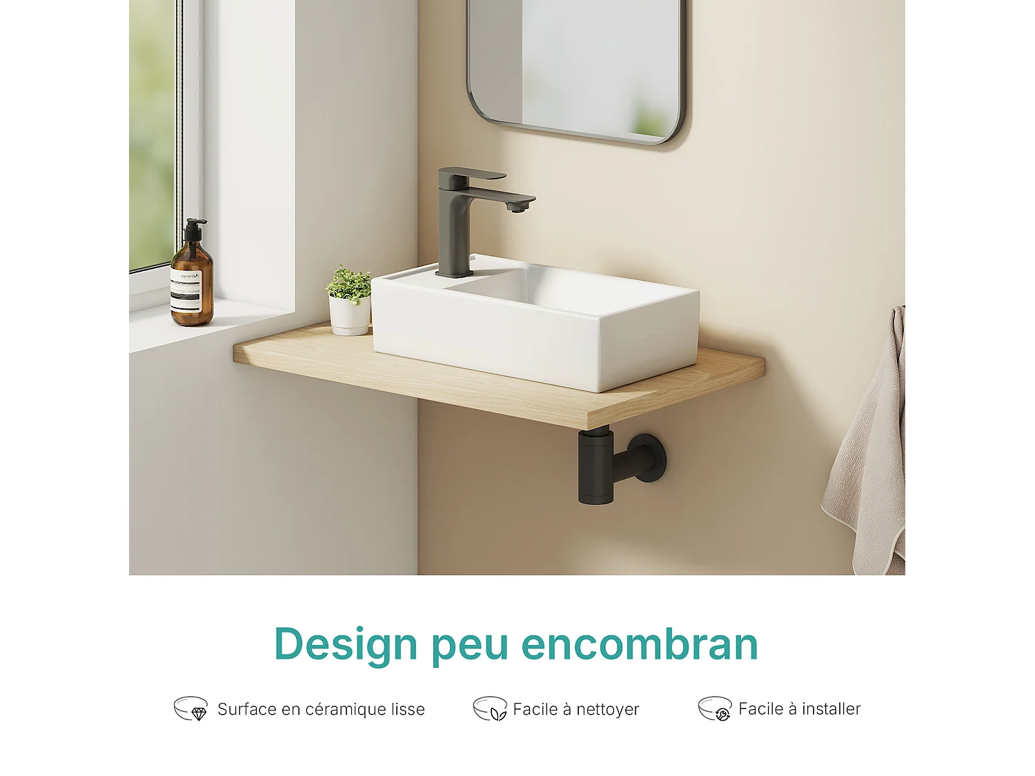 EMKE Lavabo in Ceramica 41 x 22 x 10 cm, Bianco Lucido, Lavabo Quadrato da Appoggio o Parete con Foro per Rubinetto